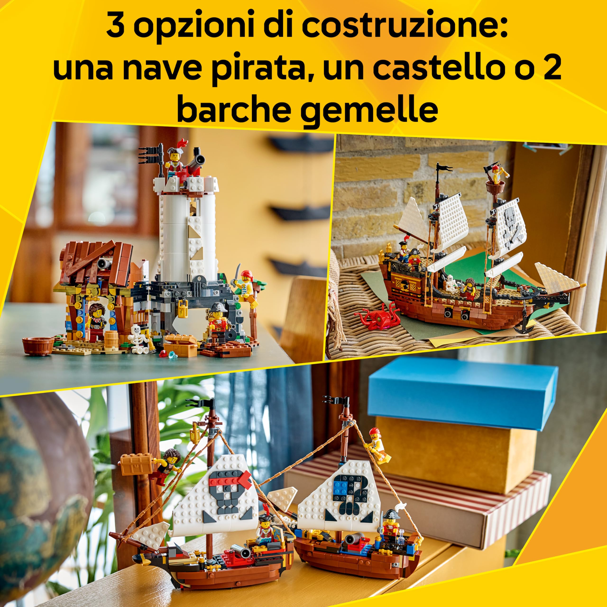 LEGO Creator 3 in 1 Iconica Nave da Pirata - Giocattolo Trasformabile in Castello o in 2 Barche Gemelle - Decorazione per la Cameretta - Regalo di compleanno per Bambini e Bambine da 9 Anni - 31387