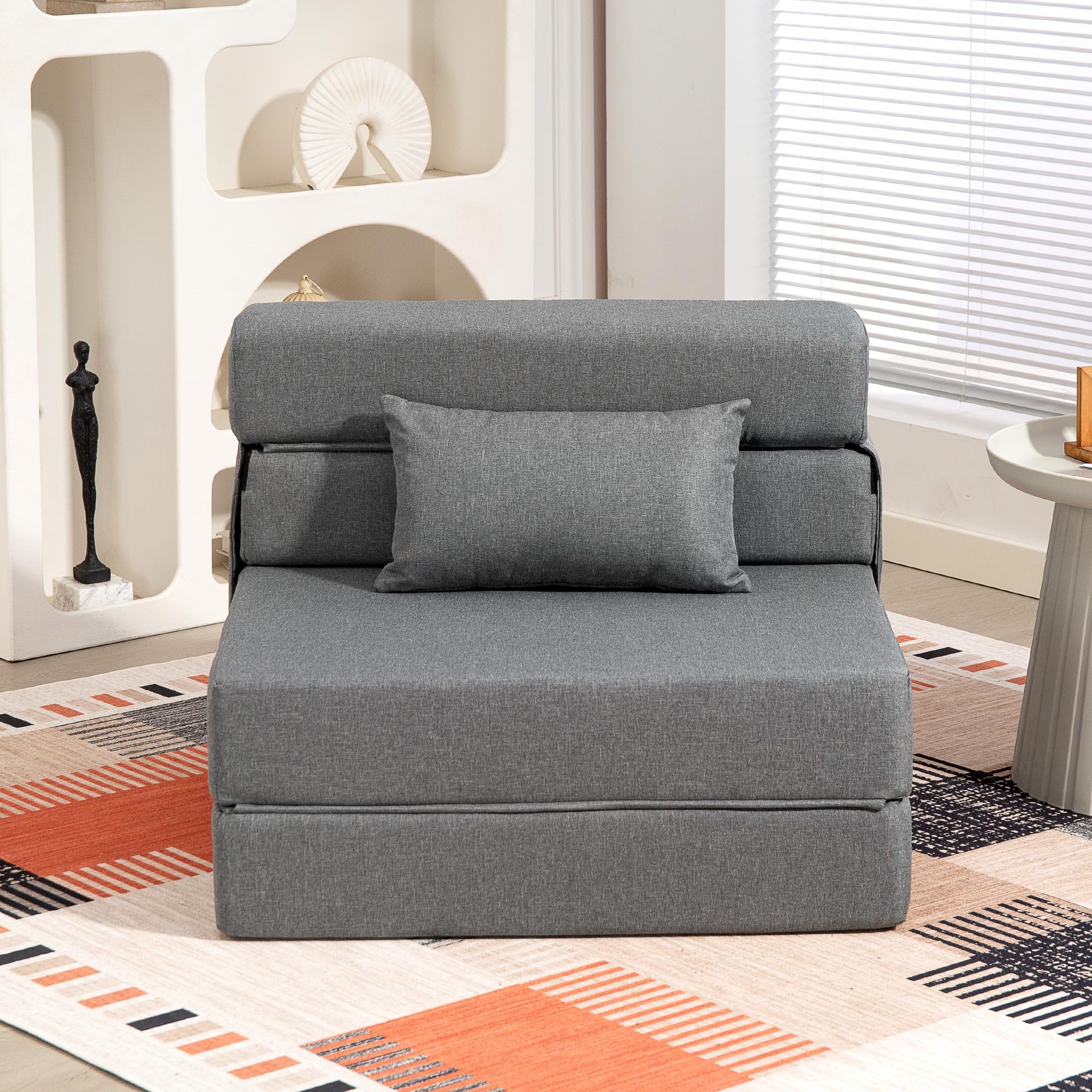 HOMCOM Fauteuil Convertible 1 Place 3 en 1, Fauteuil lit Pliant, chauffeuse 1 Place en Lin avec Large Assise, Coussin Inclus, Matelas Pliable 210 cm pour invités, Salon, Petit Espace, Gris
