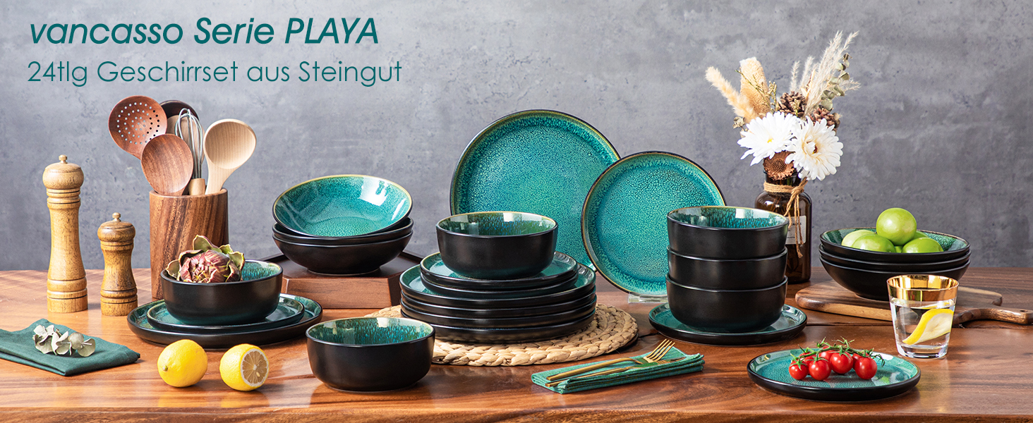 Geschirrset 6 Personen, vancasso PLAYA Steingut Geschirr set 24tlg für 6 Personen, Grün Tafelservice mit Teller set, Suppenteller, Schalen & Salattellern, Spülmaschinenfest, Mikrowellengeeignet Küche, Haushalt & Wohnen