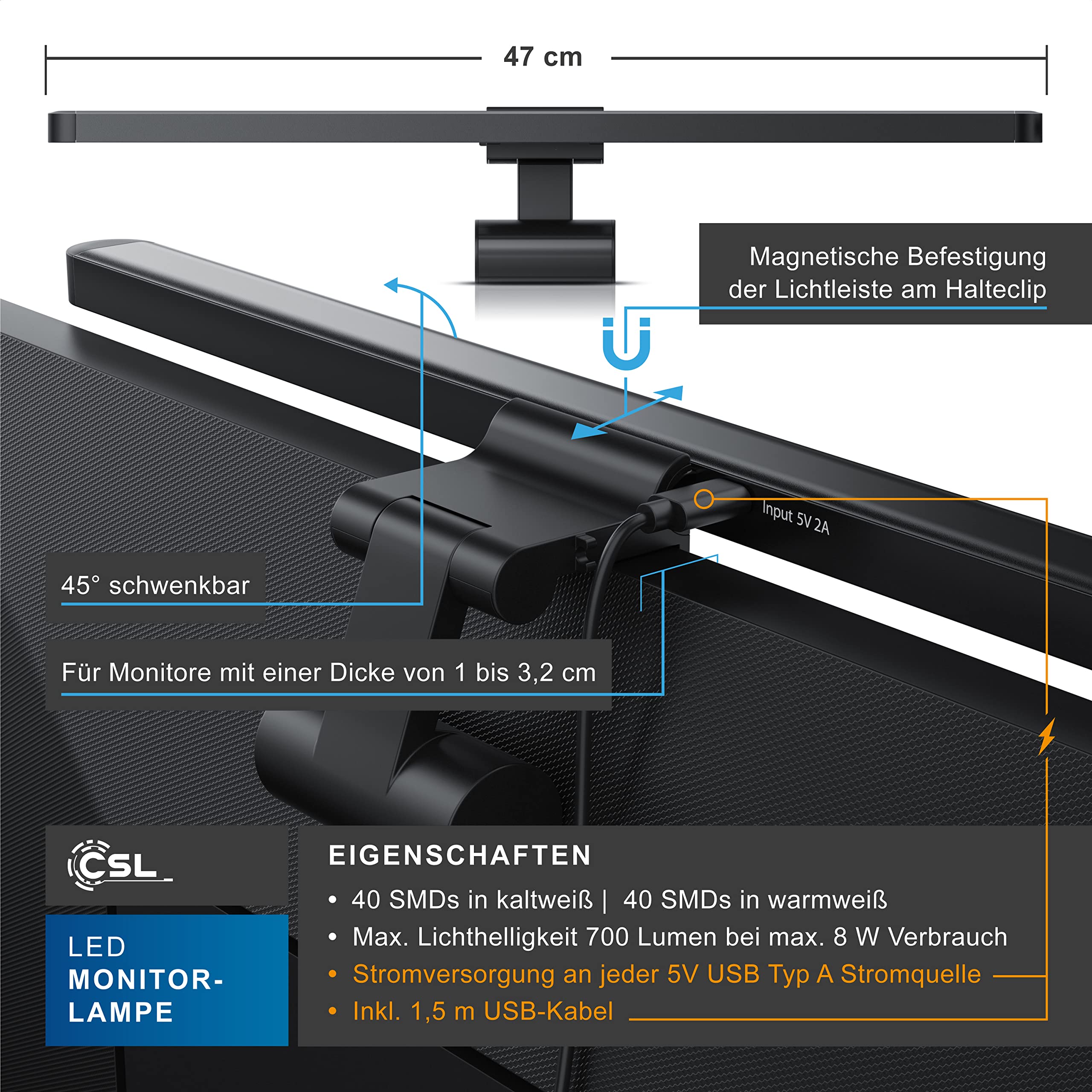 CSL-Computer Monitor Lampe LED dimmbar mit 8 Helligkeits und 3 Farbstufen, USB Monitorlampe mit asymmetrischer Abstrahlcharakteristik, blendfreie Ausleuchtung