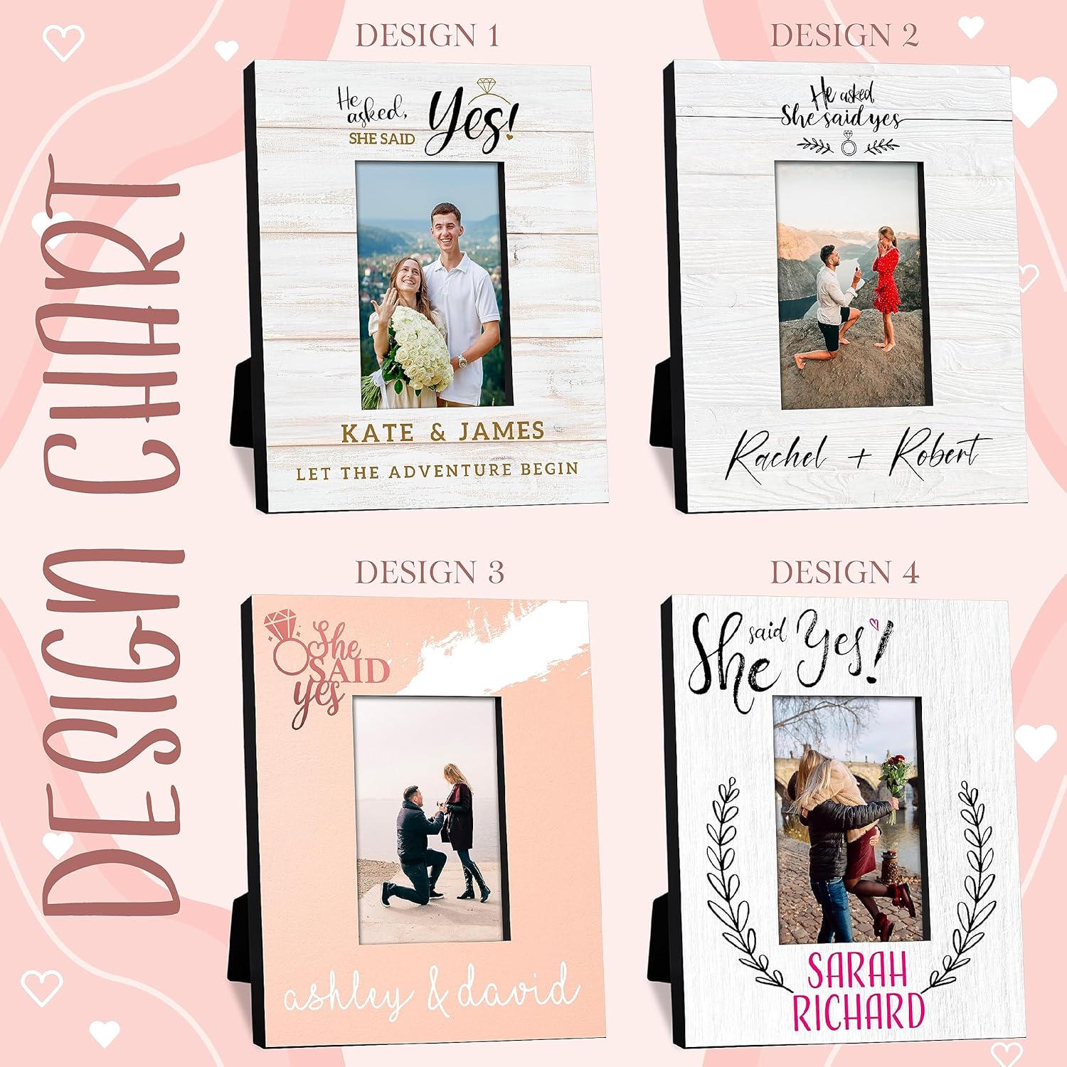 Lara Laser Works He Asked She Said Yes Picture Frame, Personalized Couple Frame w/Names - 2 Sizes & 2 Orientations - Gifts for Engaged Couples, Romantic Picture Frame, Weddings & Engagement Gifts, D2