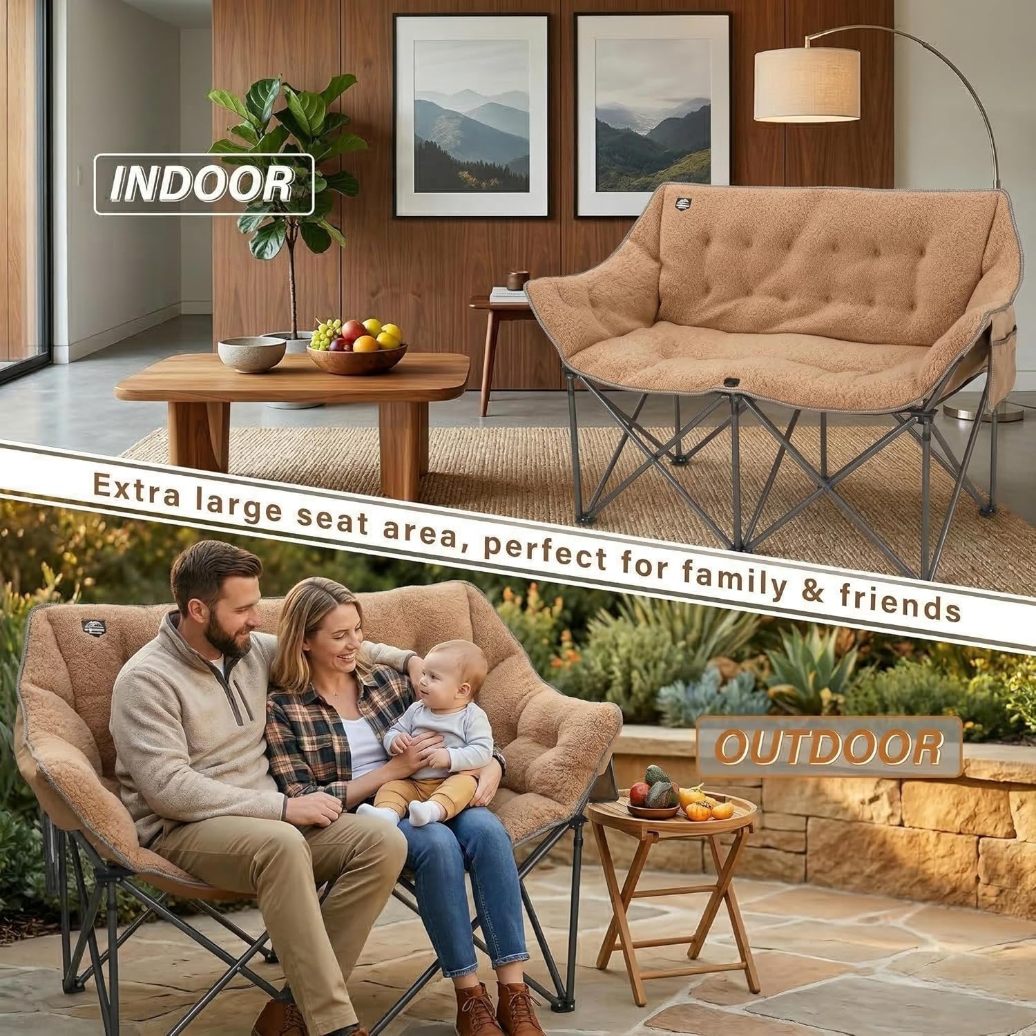Fuzzy Oversized Folding Double Camping Chairs,Heavy Duty Supports 600 Lbs,Comfy Portable Loveseat for Adults w/Mesh Pocket,Plush Fleece-Lined Lawn Couch for Outdoor/Indoor,Light Moca