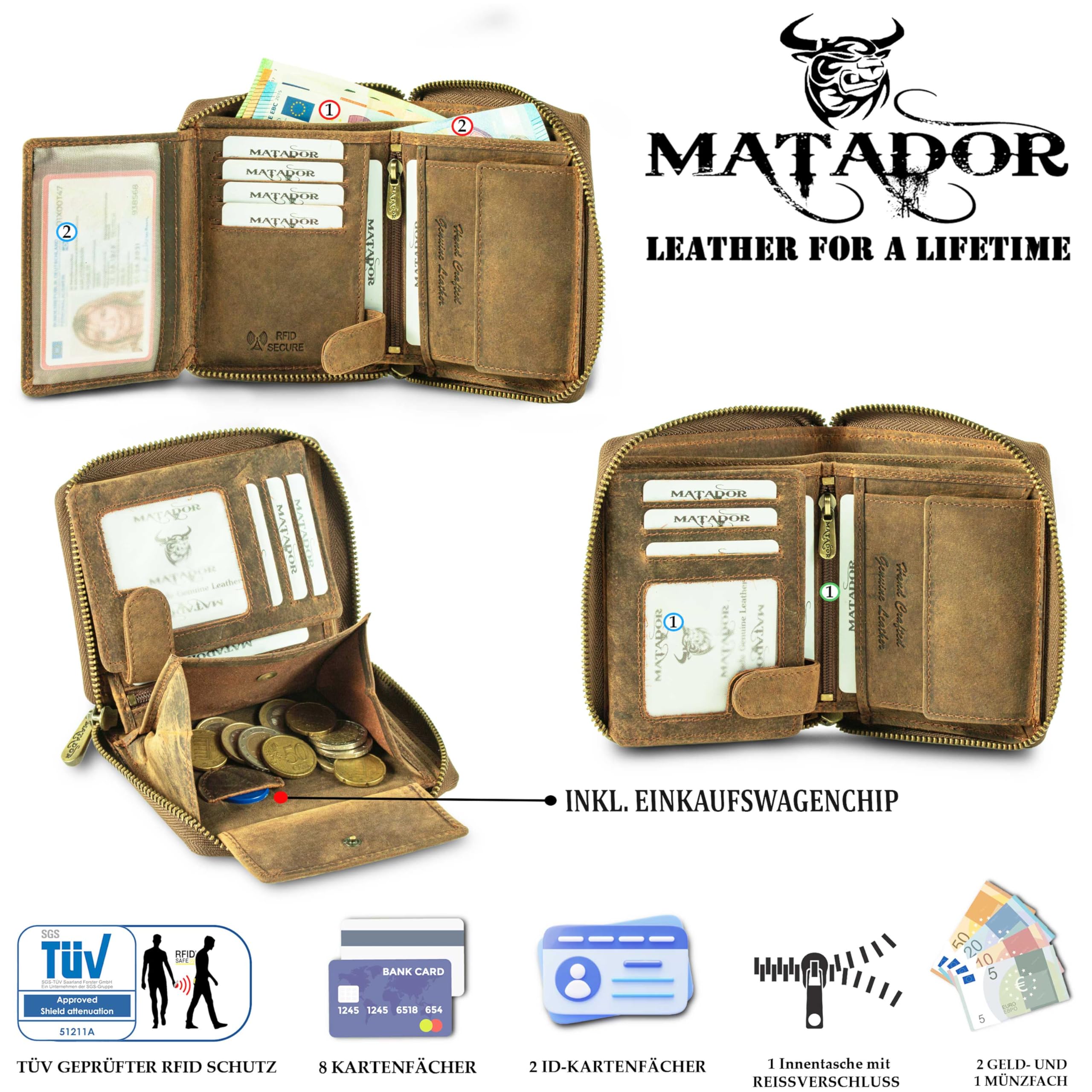 MATADOR Leder Geldbeutel Herren #Edinburgh mit edler Geschenk Box, Elegante Männer Geldbörse mit RFID Blocker, Luxus Herren Geldbörse mit Reißverschluss und Viele Kartenfächer in Braun Hunter