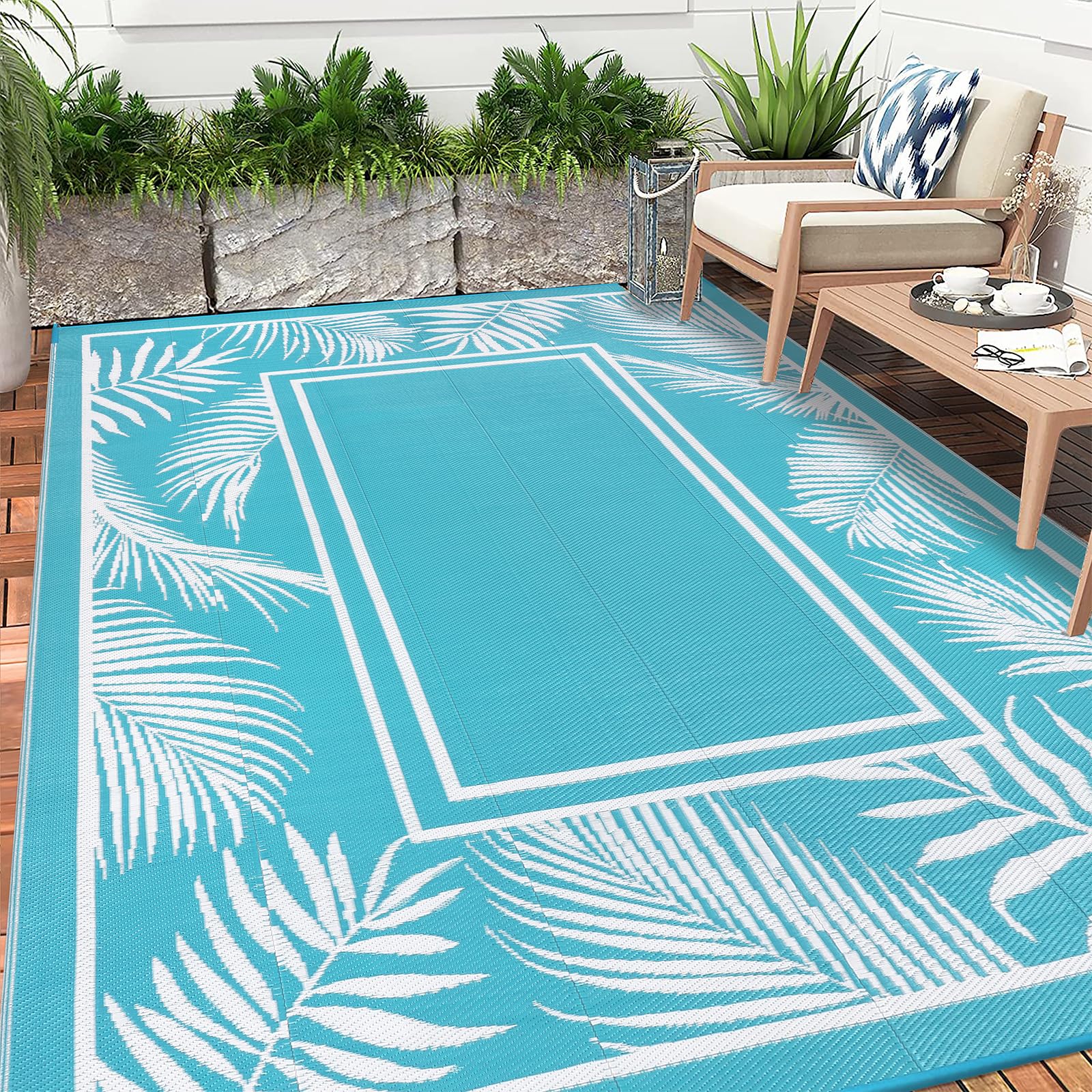 Enyhom Outdoor Rugs for Patio Waterproof 180 x 270 cm Reversible Garden Lightweight Large Plastic Rug UV Resistant Garden Mat Modern Leaf Outdoor Rug for Camping RV Picnic Backyard Balcony, Teal