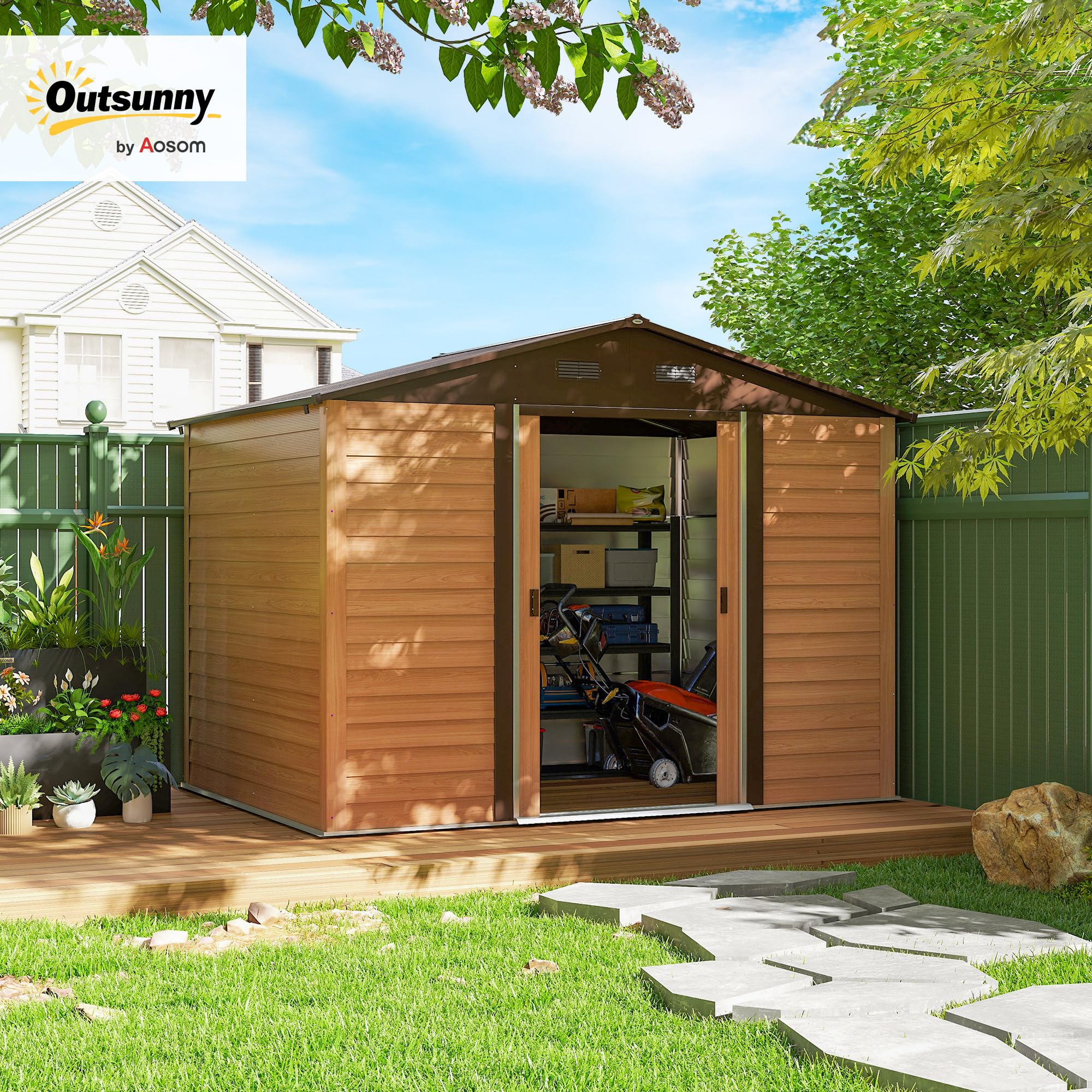 Outsunny Caseta de Jardín Exterior 4,84 m² 278x195x215 cm, Cobertizo de Jardín Exterior Metálica con 4 Ventanas y 2 Puertas Correderas, para Almacenaje de Herramientas, Madera Natural y Café