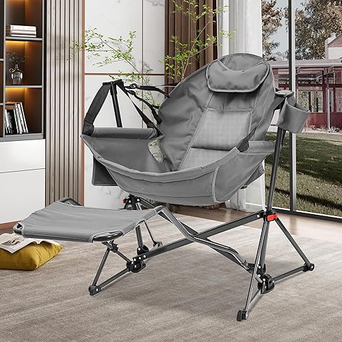 Miniatura 3 de GDY Sillas de campamento para patio, hamaca de gran tamaño, mecedoras plegables, sillas oscilantes con respaldo ajustable, soporte para tazas,