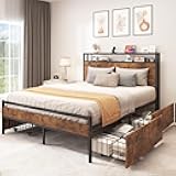 Queen Size Bed Frame with 4 Storage Drawers, Metal Platform Bed with Wooden Headboard and Charging Station, No Box Spring Needed, Fast Assemble, Brown