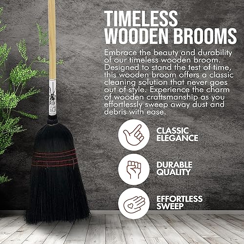 Miniatura 2 de Peaceful Classics Escoba de madera  Escoba de maíz amish hecha a mano con mango de madera dura, escoba de interior y exterior resistente para