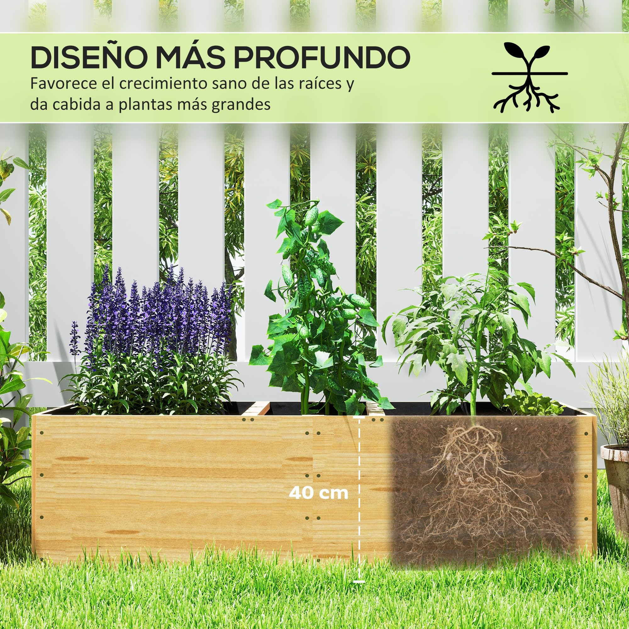 Outsunny Jardinera de Madera Jardinera Exterior Grande con Forro y 3 Áreas de Cultivo para Jardín Terraza Balcón 140x60x40 cm Natural