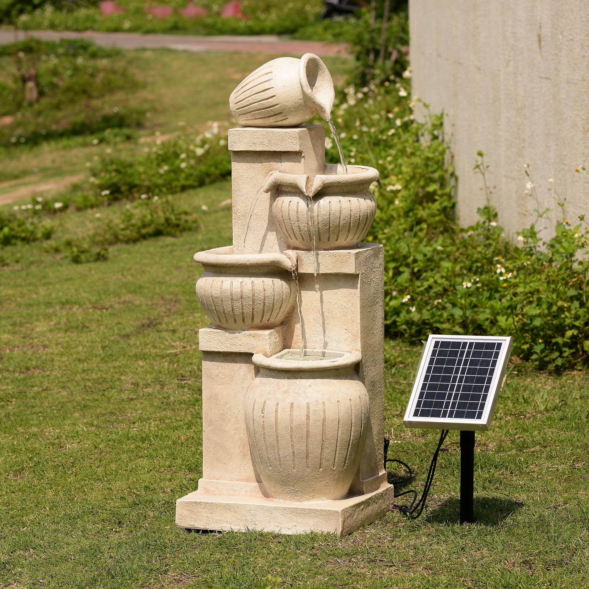 Teamson Home Fontaine Solaire 4 Niveaux Cascade exterieure LED ecologique sans Fil Balcon Patio Aspect Pierre Naturelle