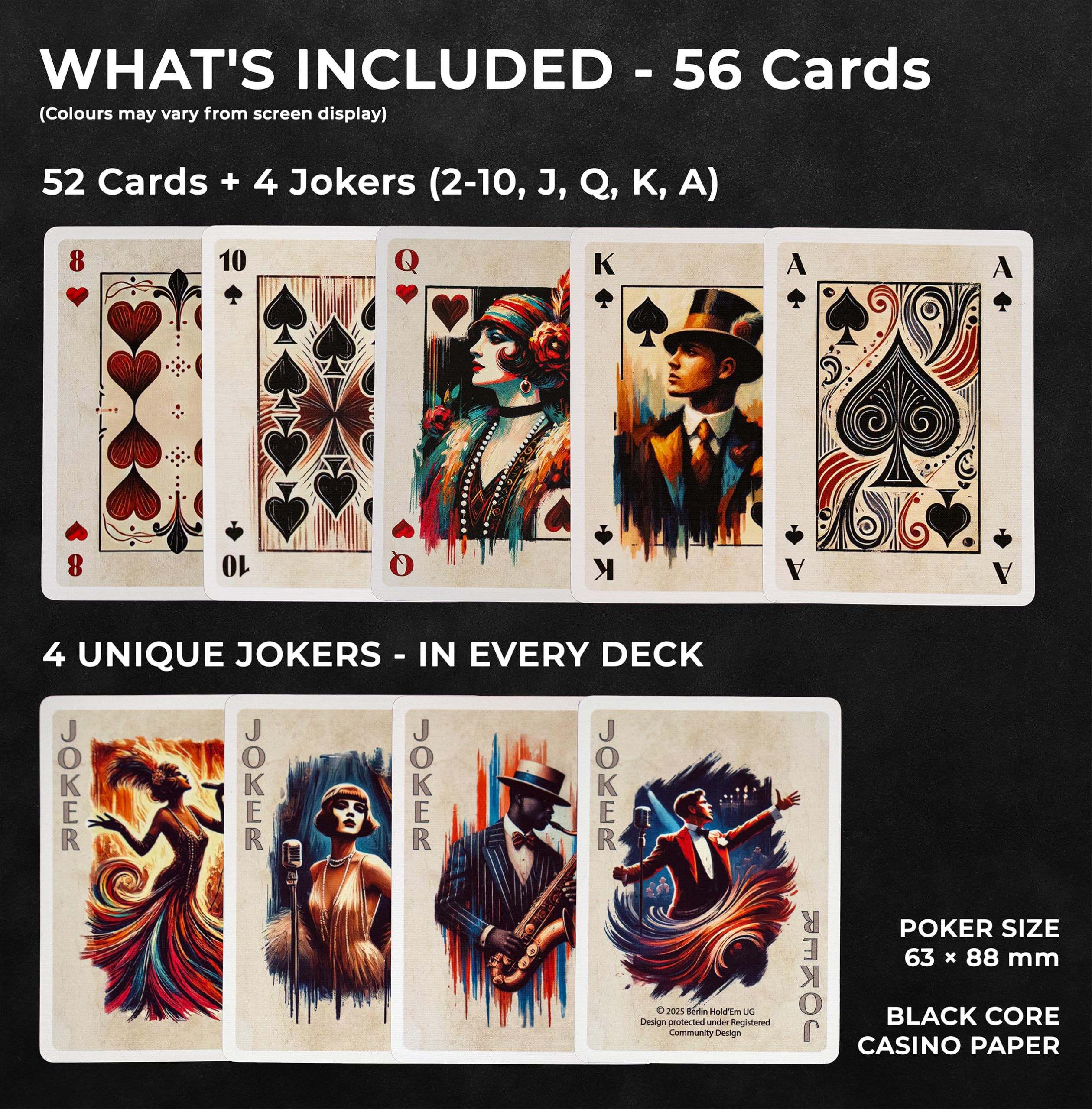 Berlin Hold’Em Spielkarten - 20s Design - Dunkel - 56 Karten Poker Size 63 x 88 mm, Pokerkarten Kartendeck für Poker, Skat & Rommé - 3