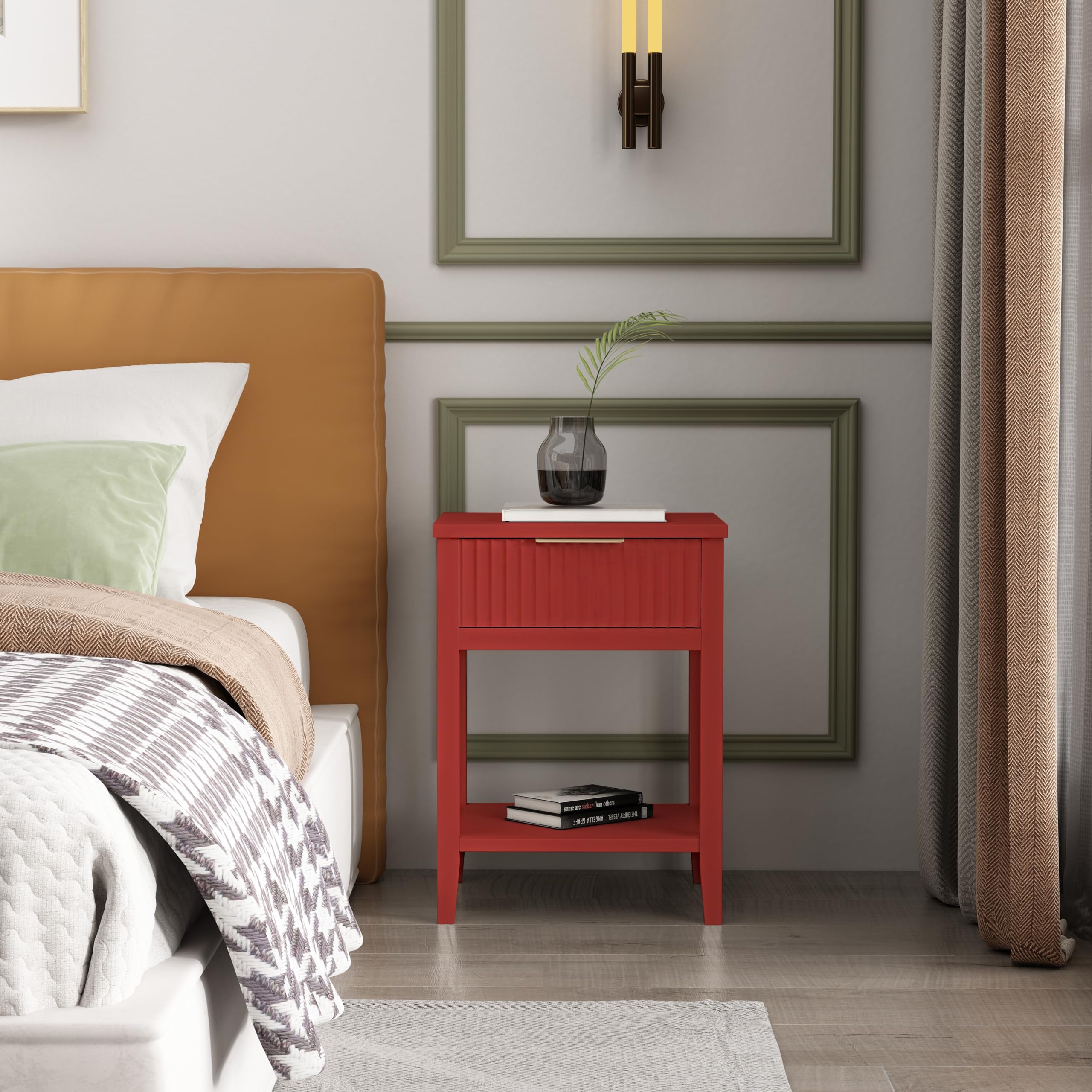 Cabinet Bits Bedside Table, Pine Wood, Red, One Size