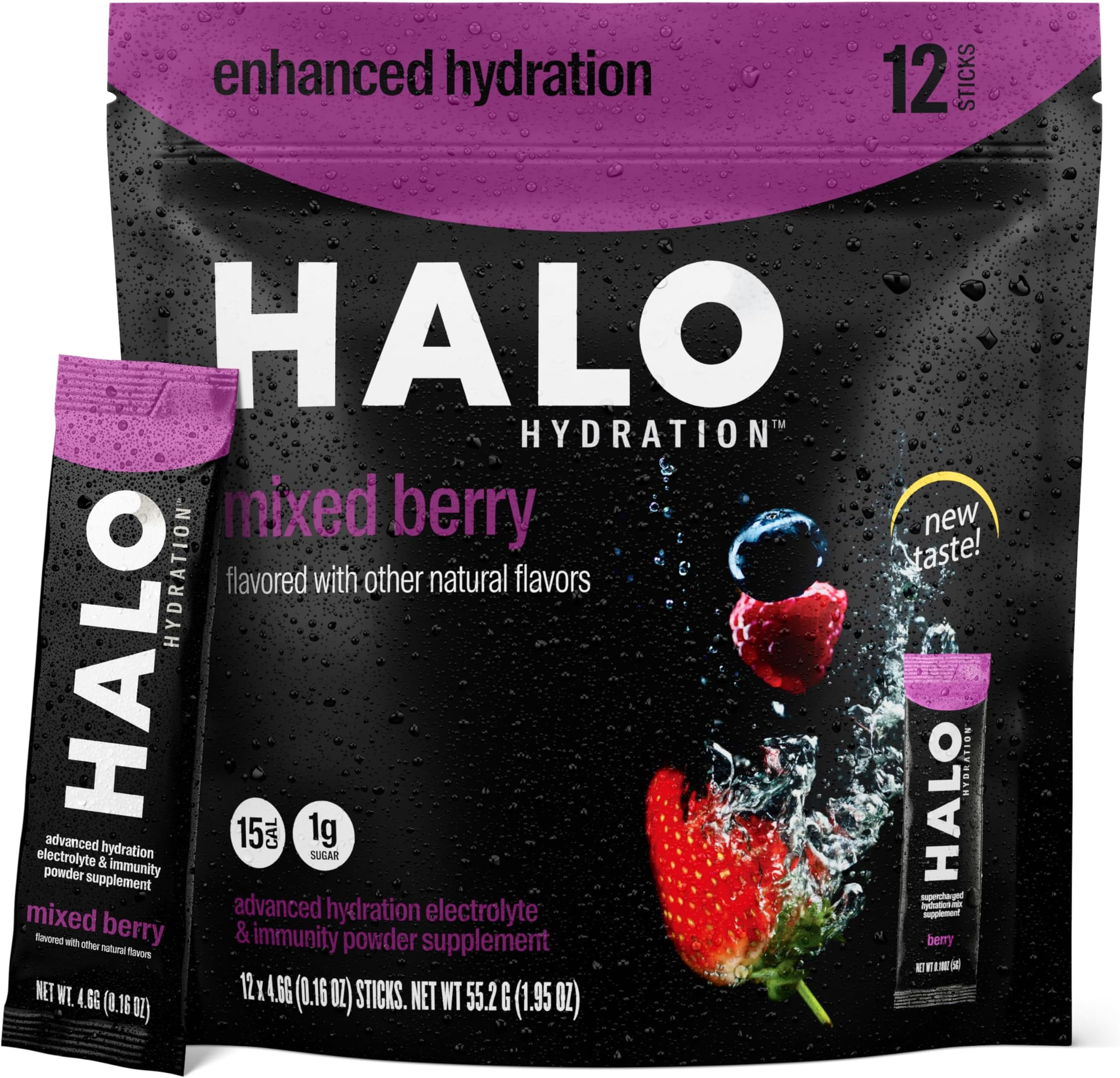 HALO Hydration - Electrolyte Drink Mix | Hydration Powder Packets | Berry Flavor – For Sports and Cycling | Easy Open Single Serving Stick | 12 Sticks