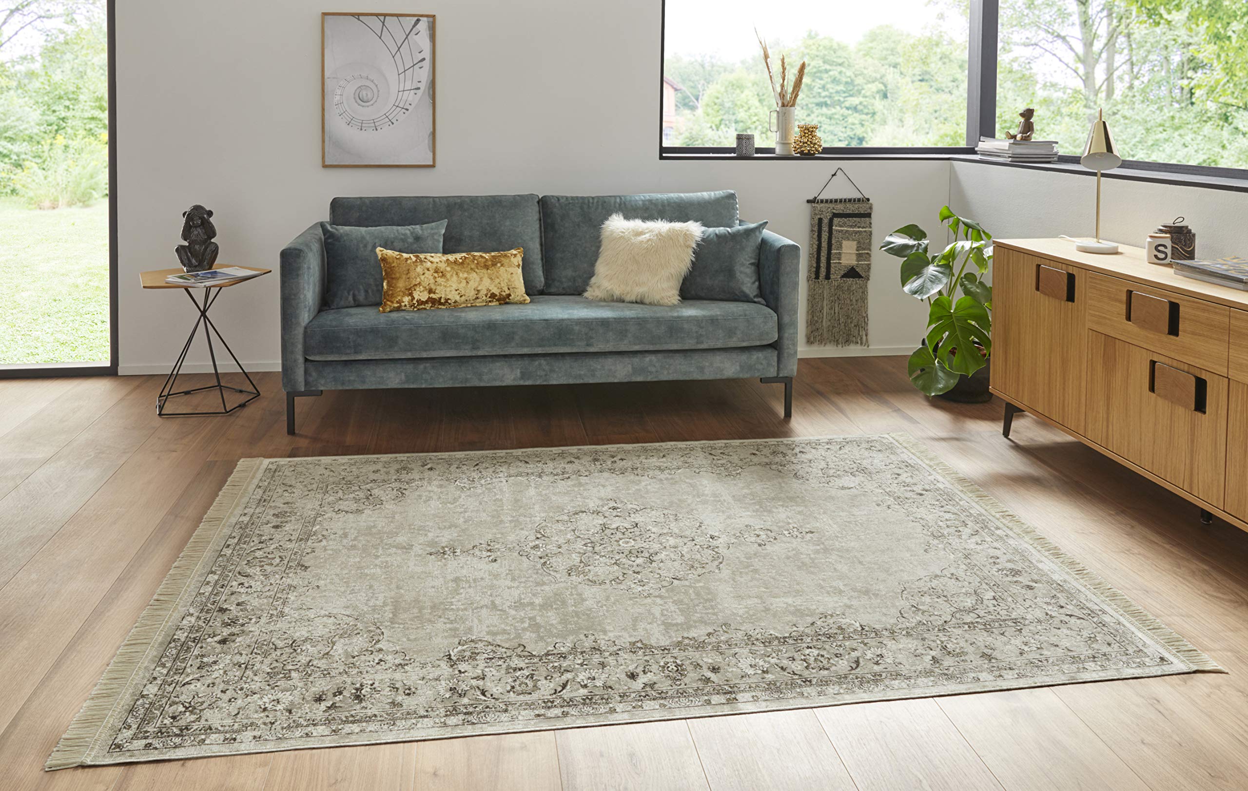 Nouristan Orientalischer Teppich – Wohnzimmerteppich mit Fransen Oriental Vintage Medaillon Naveh Samt-Teppich für Wohnzimmer, Schlafzimmer, Esszimmer, Küche, Flur – Creme, 195x300cm