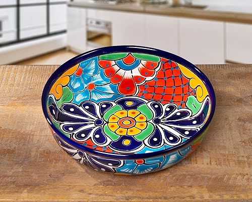 Enchanted Talavera Cuenco grande de cerámica mexicana Talavera pintado a mano, cuenco para pasta, frutero, ensalada, plato de fiesta, plato para