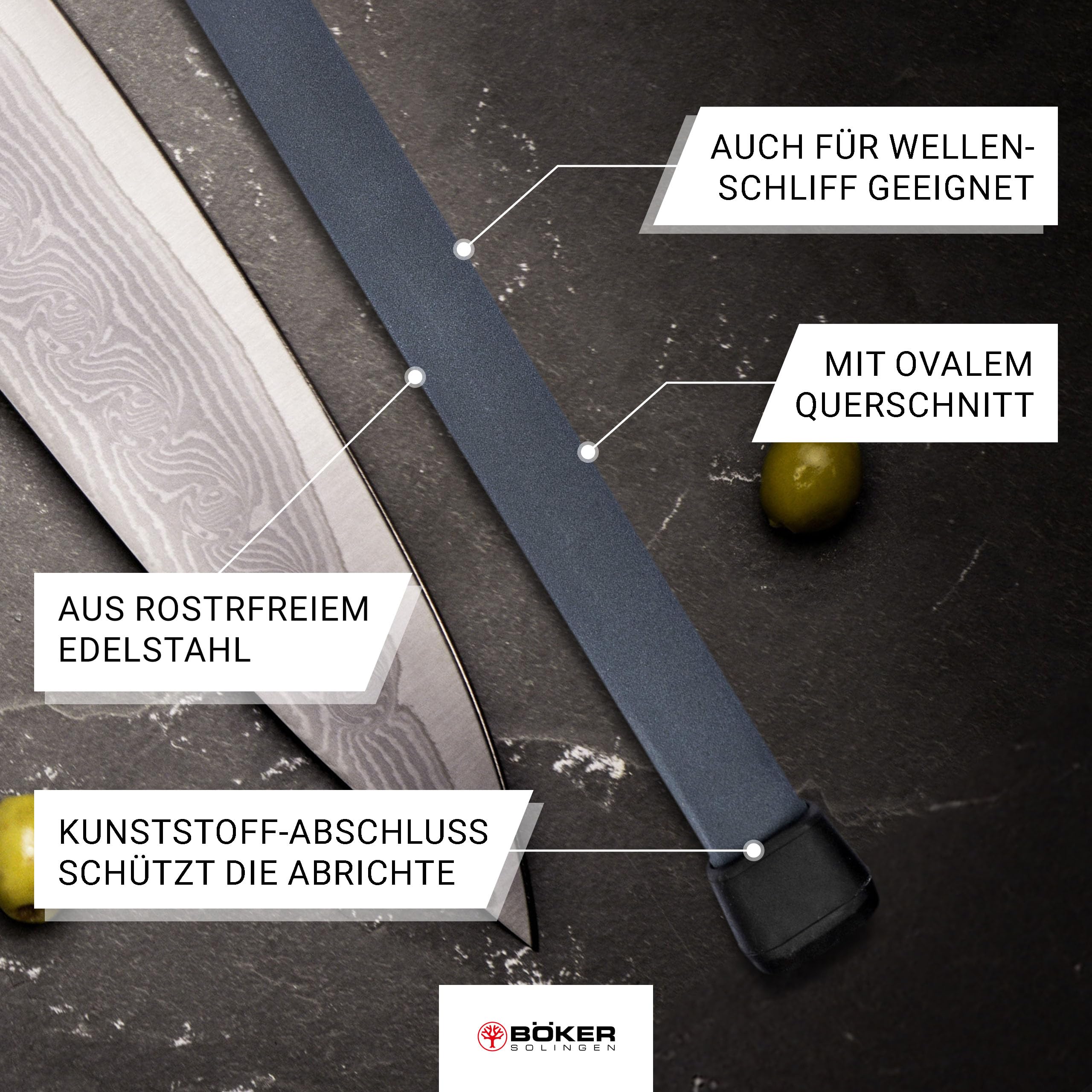 BÖKER SOLINGEN® Keramik Schleifstab für Messer - Abziehstahl mit Klinge 28 cm lang - Profi Wetzstahl oval mit Winkel-Hilfe 20° - Küchen Wetzstab Messer-Schärfer mit mittlerer Körnung 1000