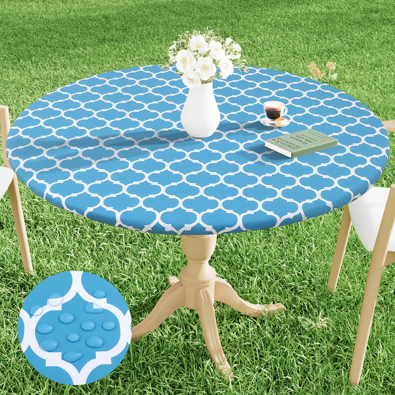 Smiry Round Picnic Tablecloth, Waterproof Elastic Fitted Table Covers for 57" - 68" Tables, Wipeable Flannel Backed Vinyl Tablecloths for Camping, Indoor, Outdoor, Light Blue & White