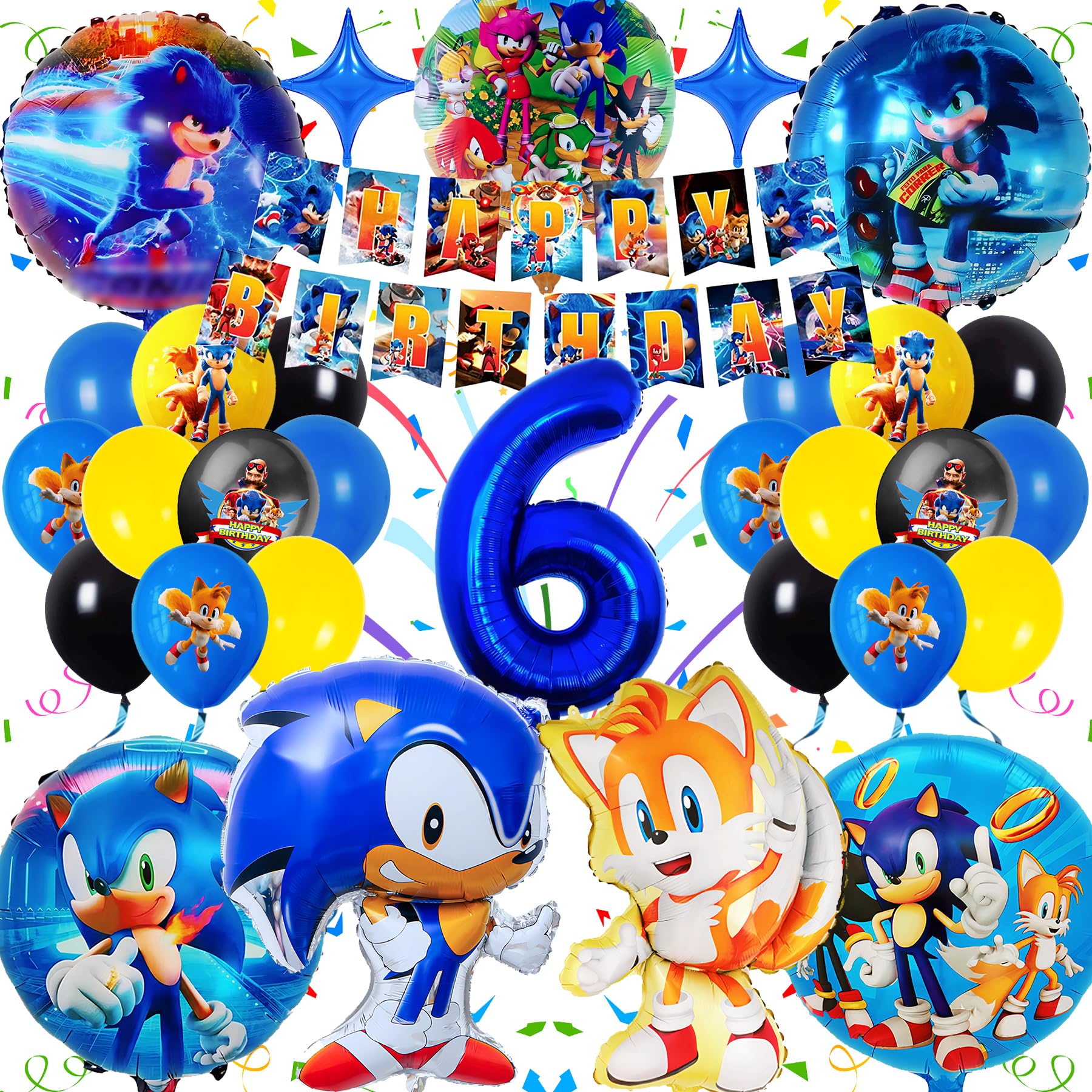 Sammelalbum Sonicc Decoración Cumpleaños 6 Años, 31 Piezas Kit Globos de Cumpleaños Niño Sonicc, Decoración para Fiesta Cumpleaños Niño, Globo de Aluminio en 3D y Pancarta de Feliz Cumpleaños