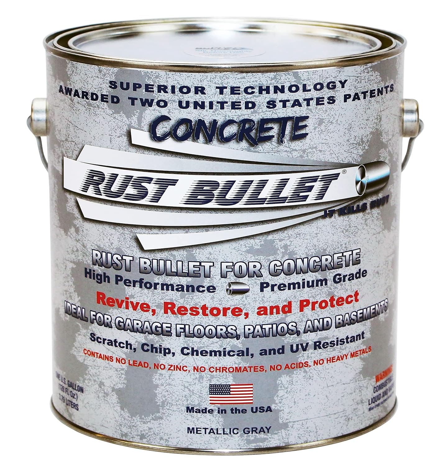 RUST BULLET for Concrete - Metallic Gray - 1 Gallon - High-Performance, Easy-To-Apply Concrete Paint for Garages, Basements, Porches, and Patios
