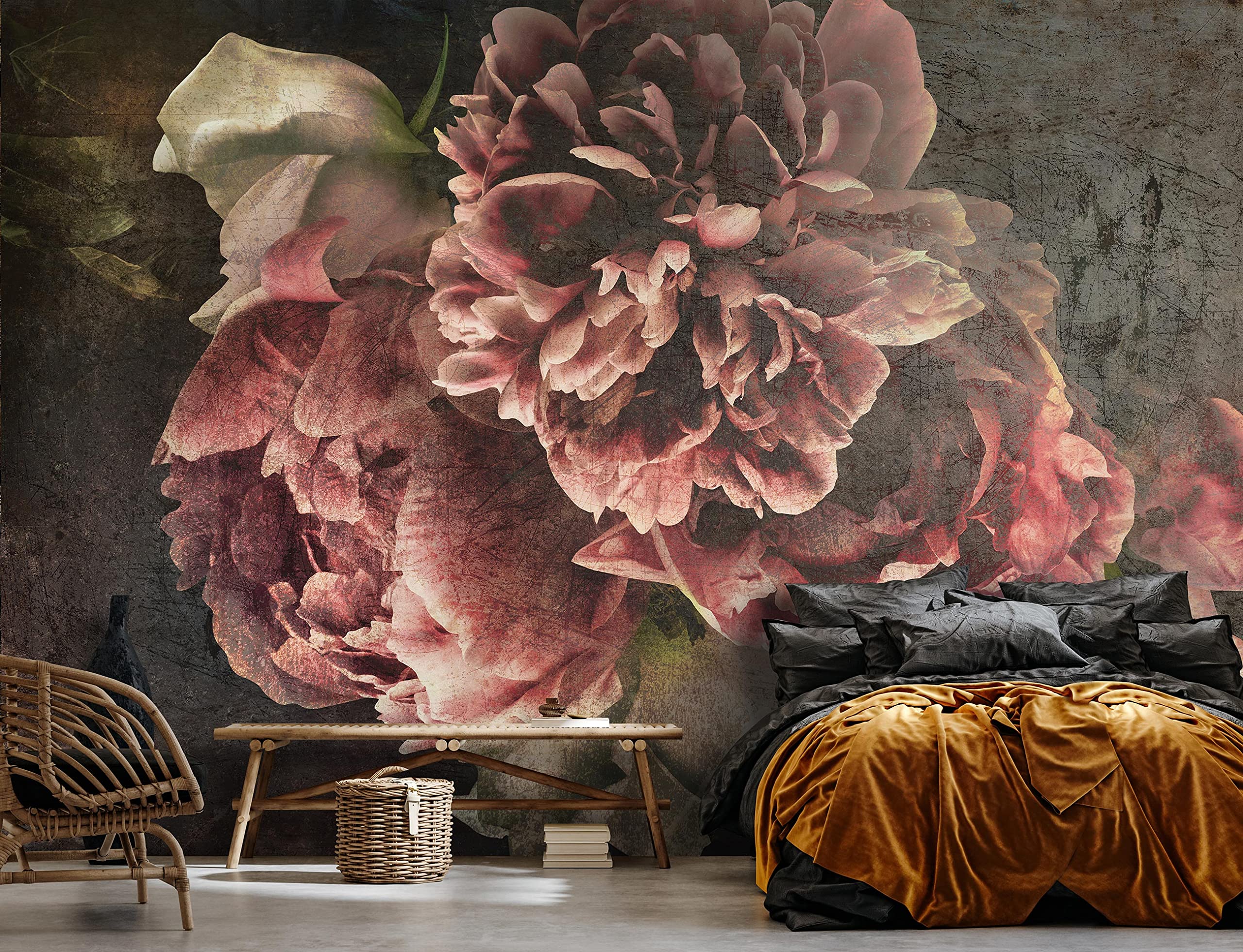 WallArena - Carta da parati fotografica - Fiori, Vintage, Murale fotografico - Per soggiorno e camera da letto - Effetto 3D - con Colla - Peonie, Peonie, Cemento