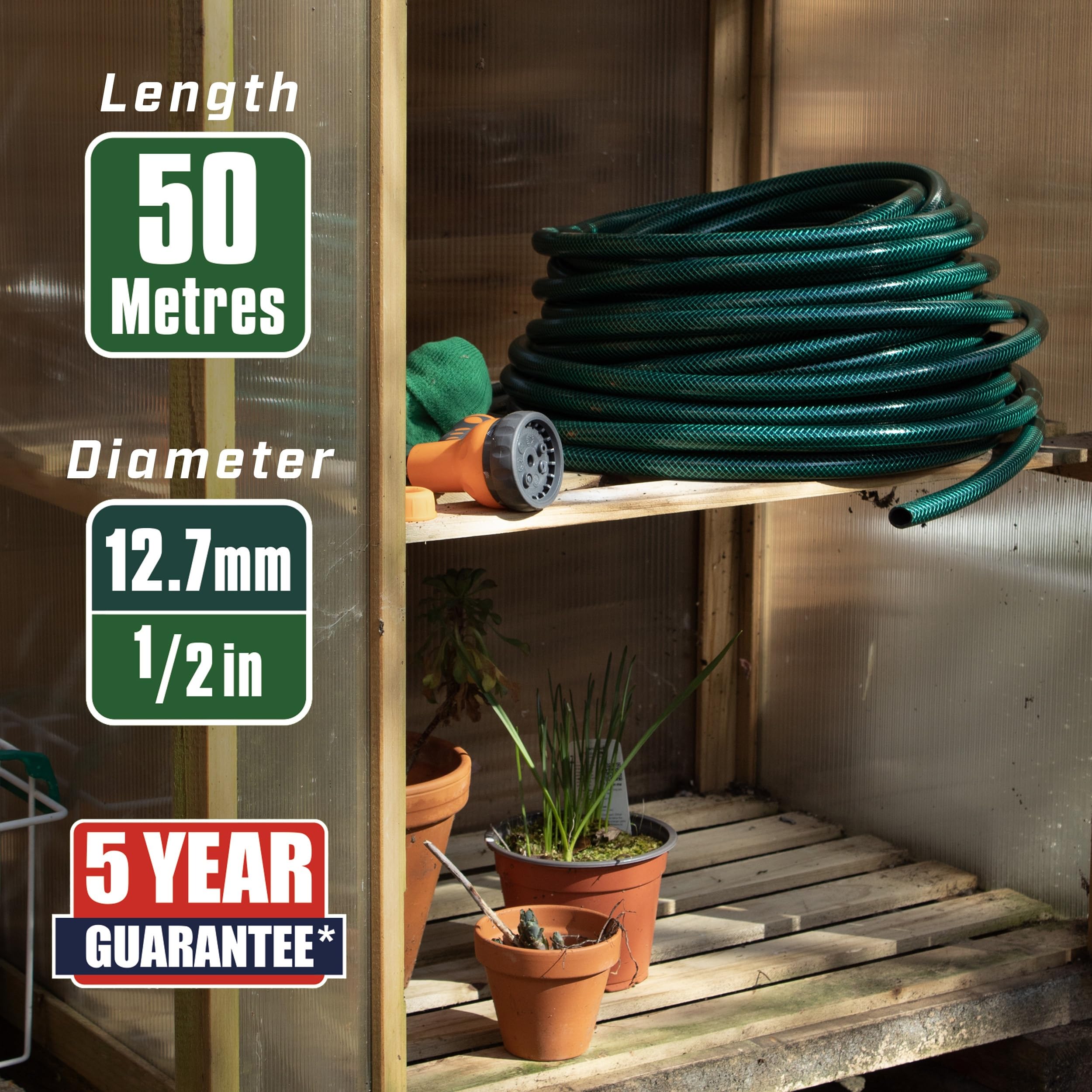Faithfull 50M (164ft) Reinforced Hose Kit – Heavy-Duty PVC Garden Hose Pipe with 3 Fittings & Multipattern Spray Gun