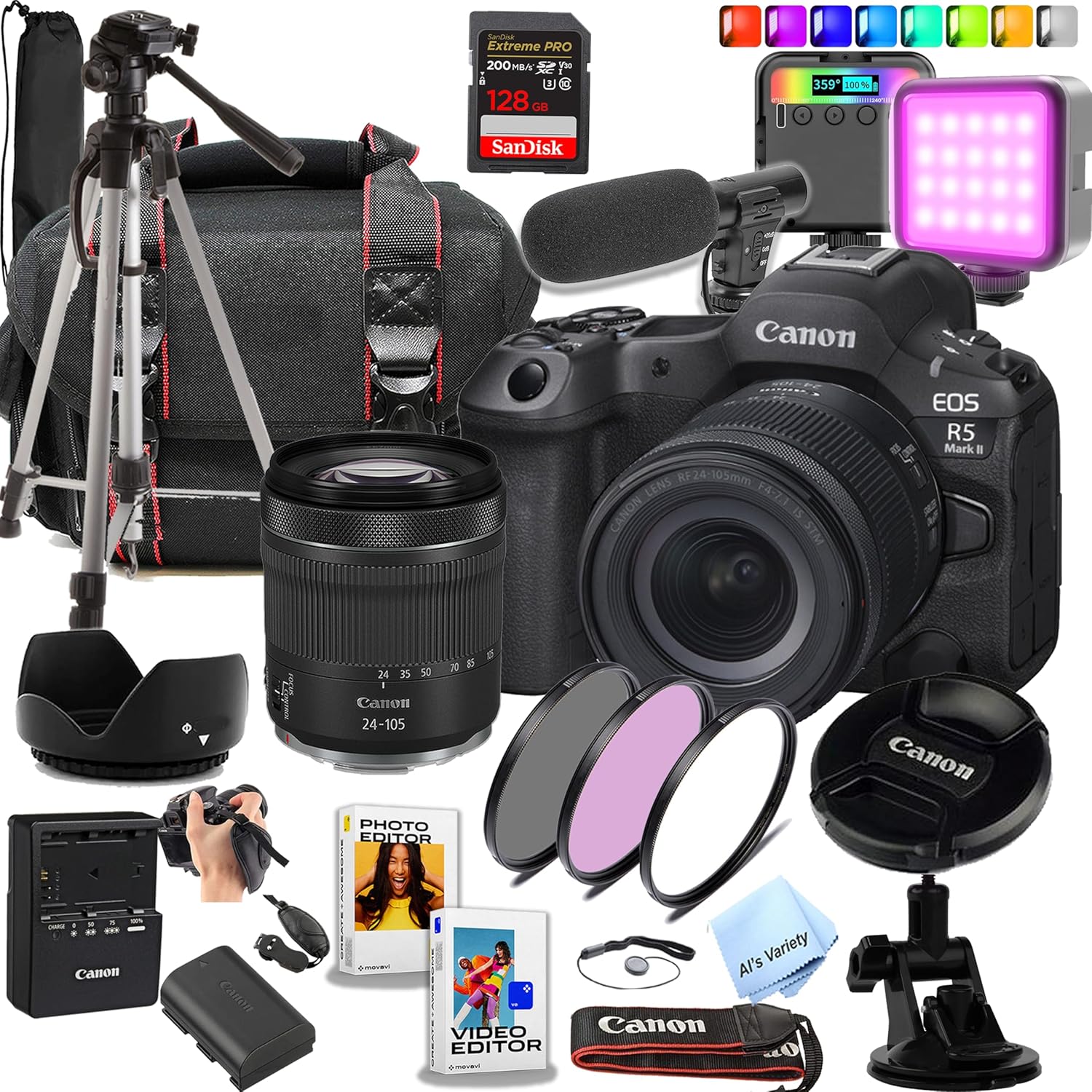 Canon EOS R5 Mark II 45 MP Full-Frame Mirrorless Camera with 24-105mm Lens +128Gb Extreme Card + Case+ Microphone + RGB Video Light + Tripod + More (Content Creator Bundle) (Renewed)