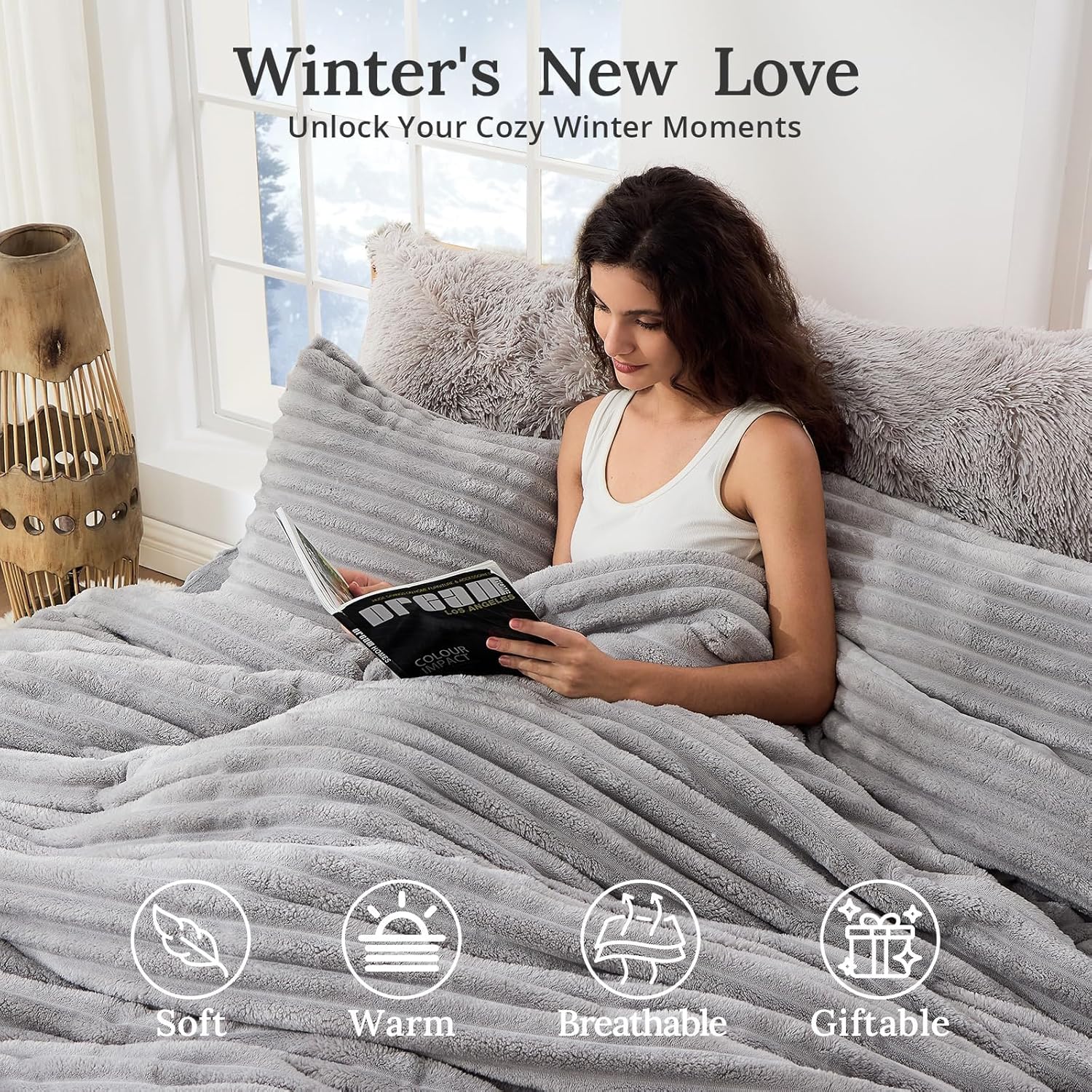 Sasttie Fluffy Comforter Set King 3 Pieces - Super Soft & Fuzzy Light Grey Comforter Set for Winter Warm Fleece Bedding, 1 Luxury Heavy Faux Fur Down Alternative Comforter with 2 Pillow Cases - Image 2