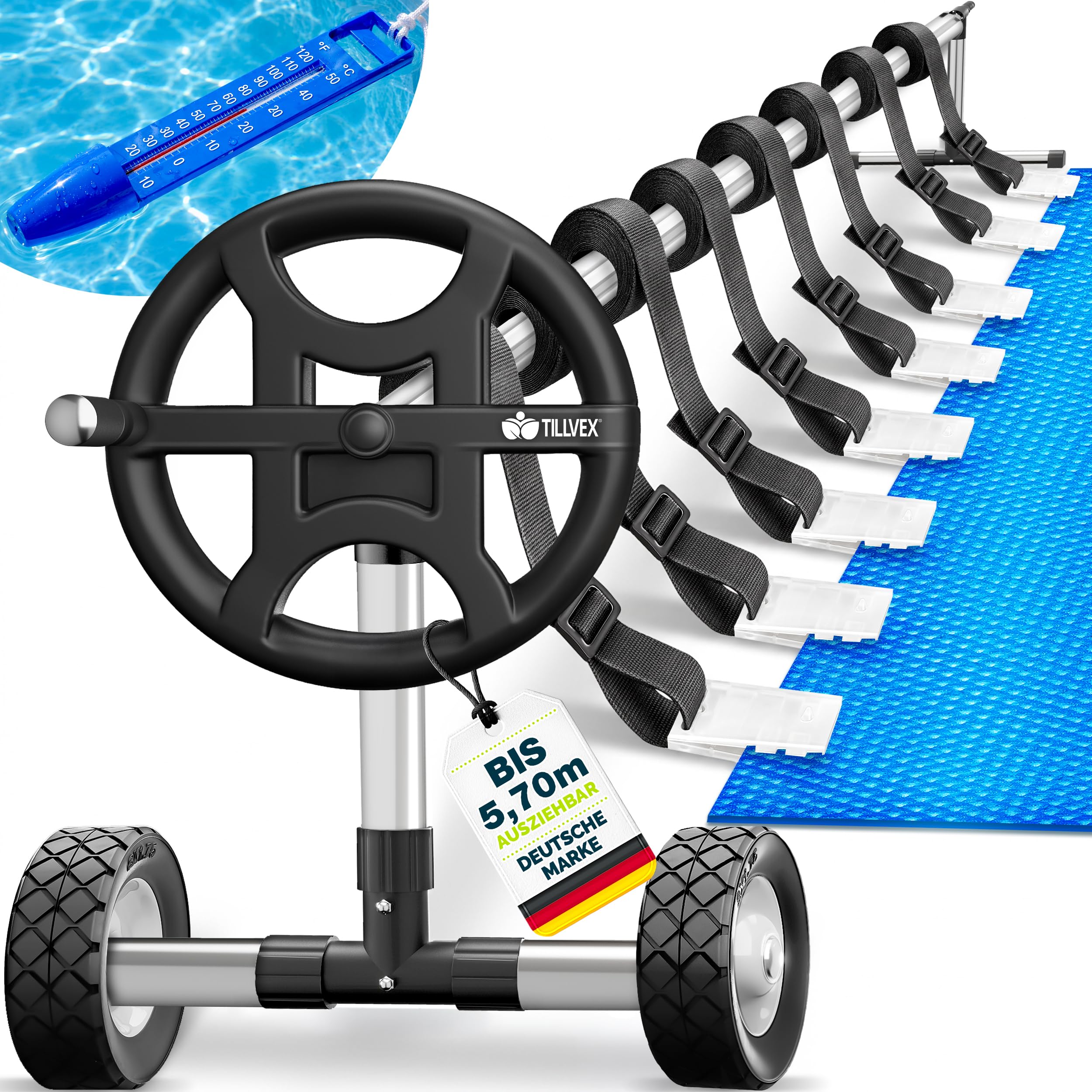 tillvex Pool Aufroller Premium 3-5,70 m mit Vollgummireifen inkl. Thermometer & Bänder | Aufrollsystem für Solarfolie | Aufrollvorrichtung für Poolplane & Abdeckung | witterungsbeständiges Material