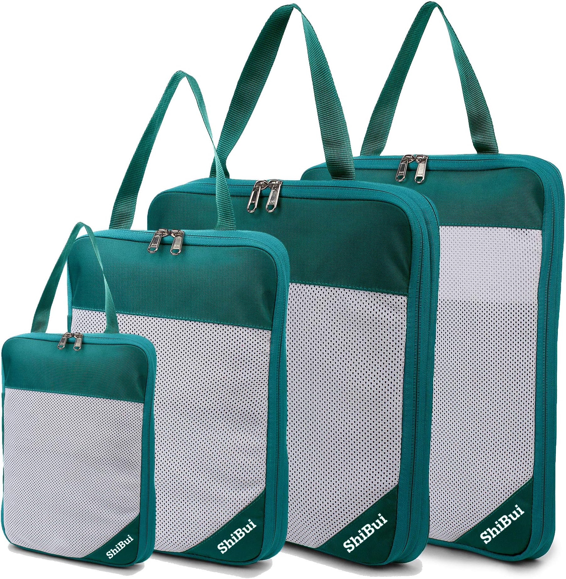 SHIBUI Compression Packing Cubes Fabric Travel Organizer small medium large 4pcs (Sea Green)