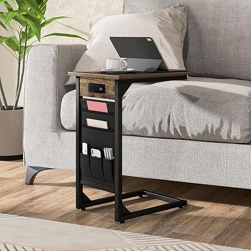 Miniatura 7 de Giantex Juego de 2 mesas auxiliares en forma de C, mesa auxiliar para sofá con estación de carga y bolsa de almacenamiento lateral, mesa de