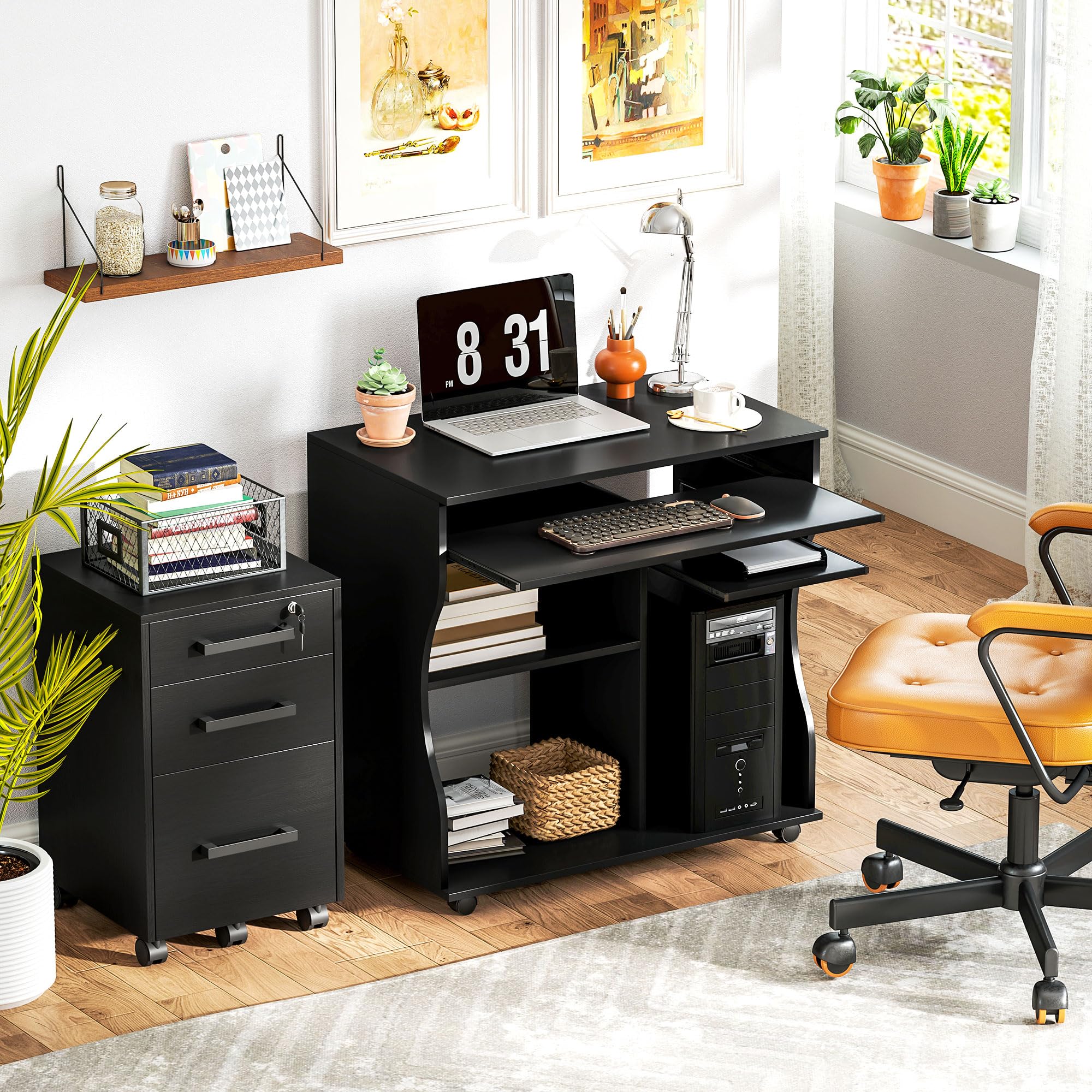 HOMCOM Computertisch Schreibtisch mit Rollen Bürotisch mit Tastaturablage, Ablage, PC Tisch Schwarz 80 x 48 x 75 cm
