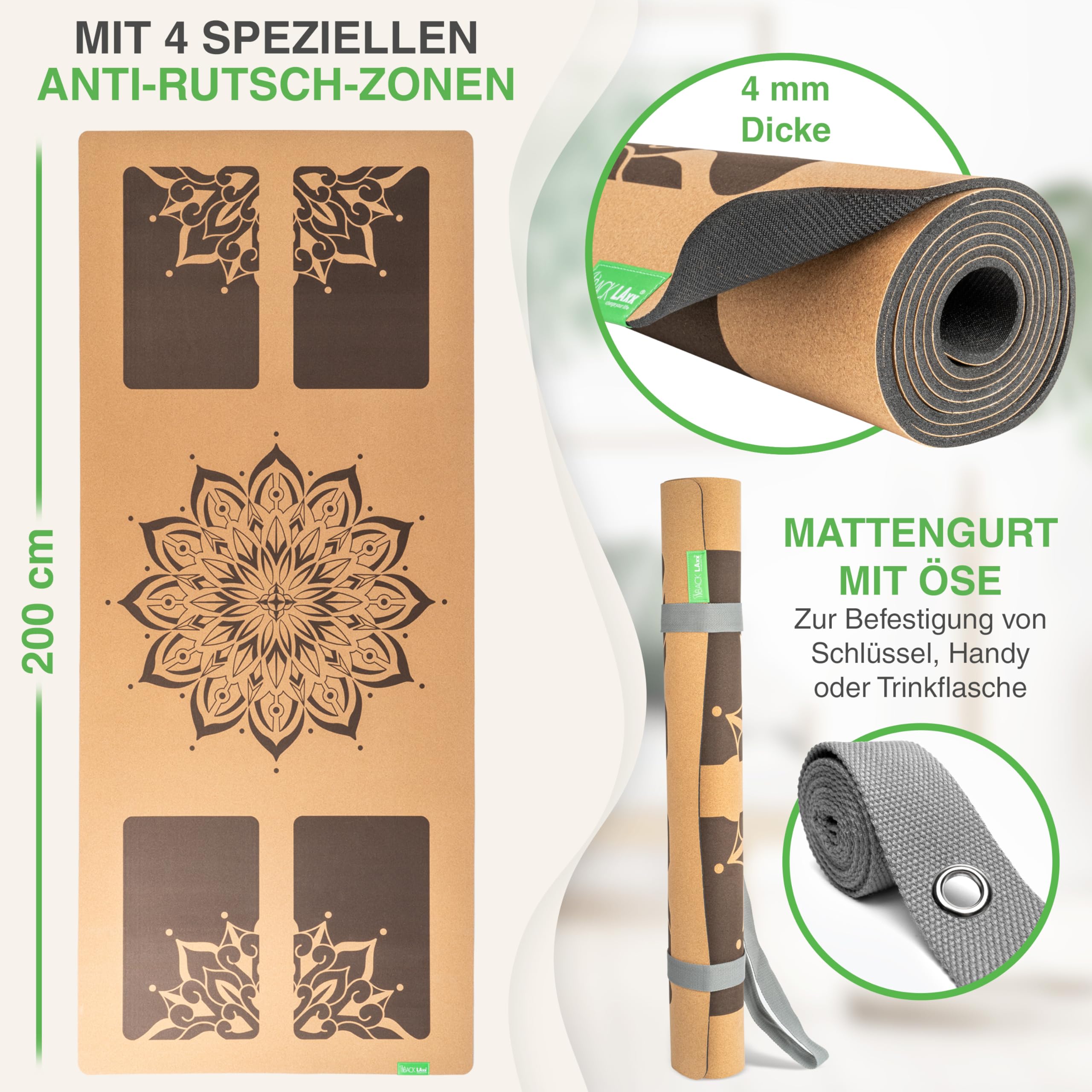 BACKLAXX ® Yogamatte Kork XXL [50% mehr Fläche] mit Naturkautschuk | Yoga-Matte rutschfest | nachhaltige Yogamatten | Fitnessmatte mit Anti-Rutsch-Zonen | inkl. Tragegurt