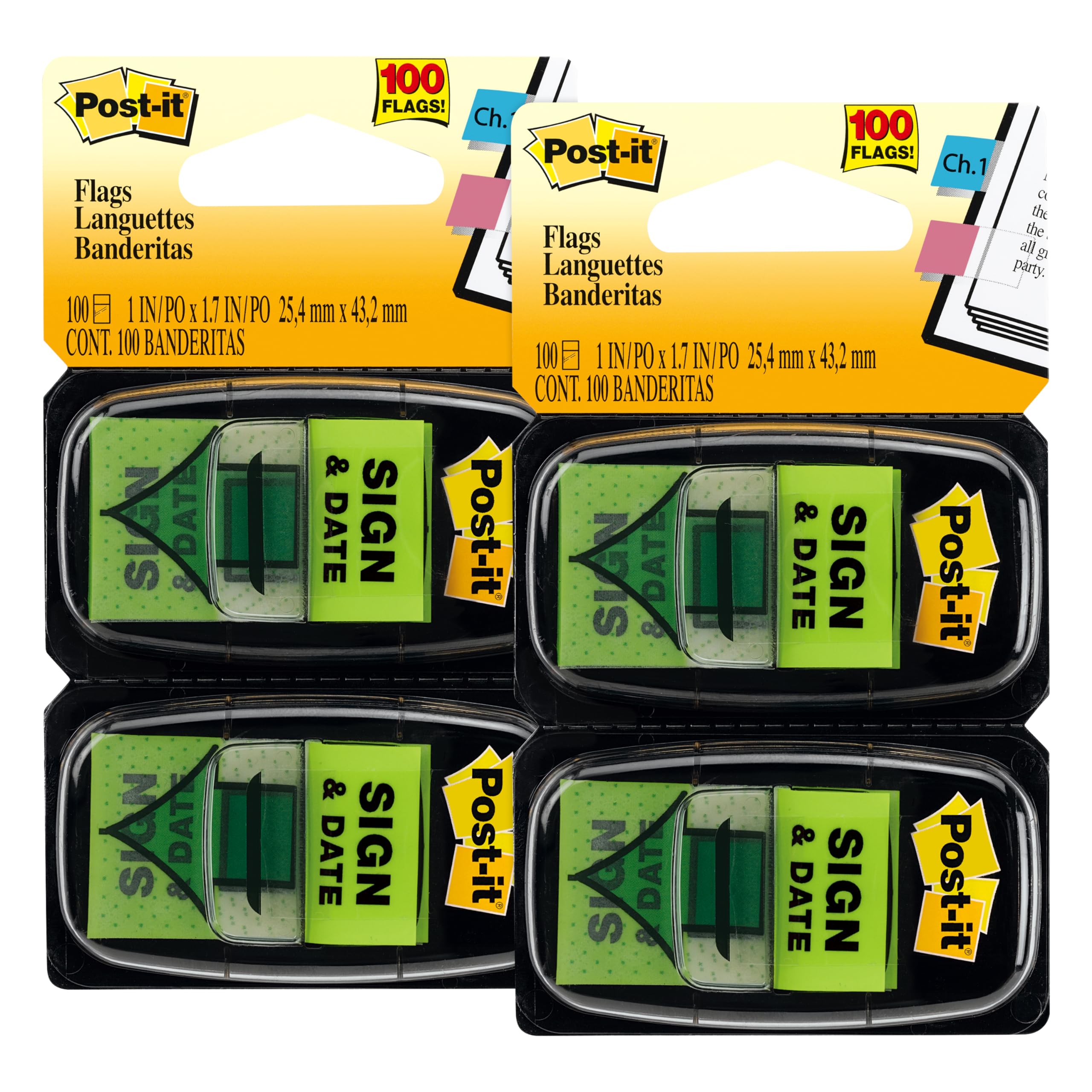 Post-itSign and Date Flags, 50/Dispenser, 2 Dispensers/Pack, 1 in Wide, Bright Green (680-SD2) (Pack of 2)