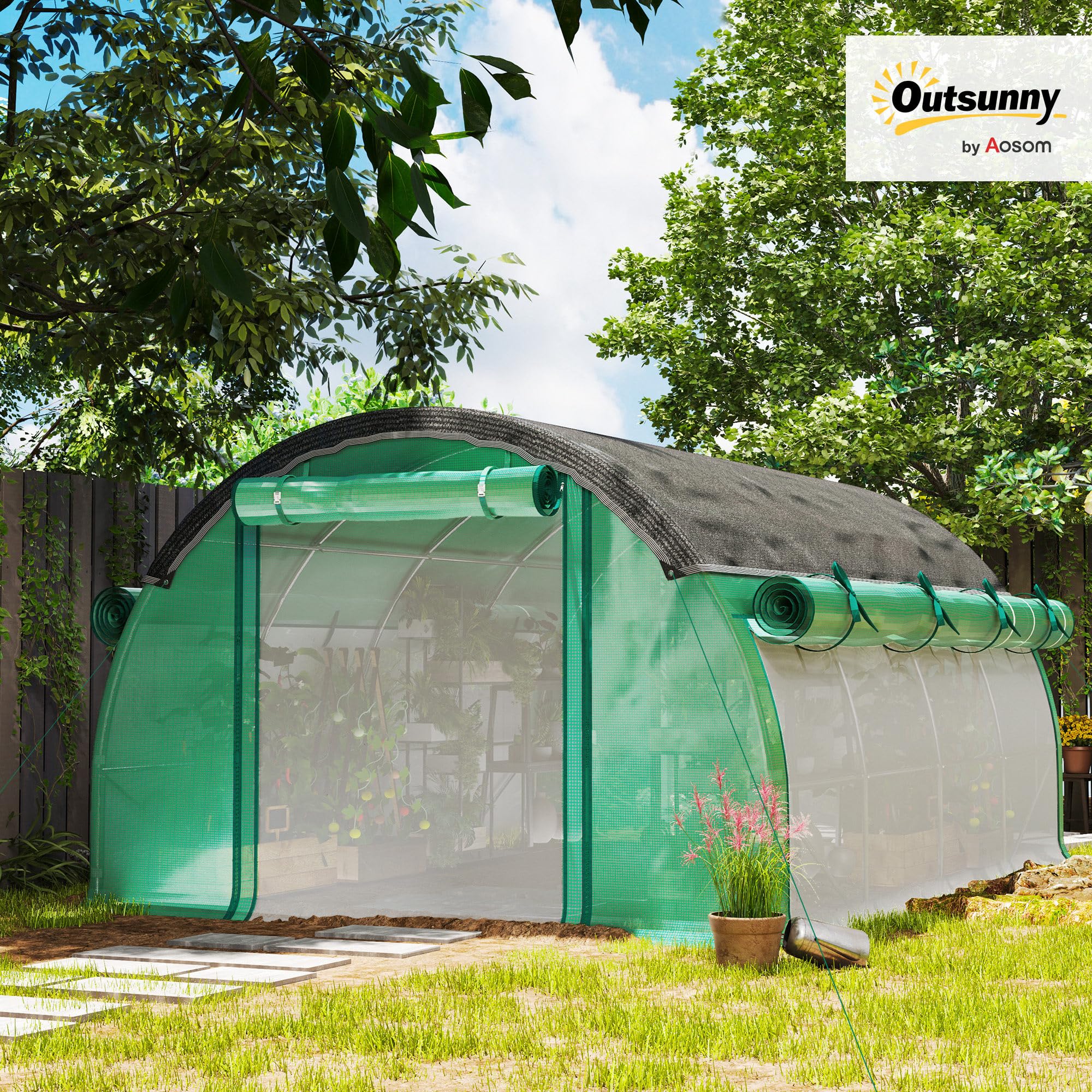 Outsunny Serra da Giardino a Tunnel 4x3x2 m con Rete Ombreggiante, Serra per Orto 8 Finestre, 2 Porte e Pareti Laterali Avvolgibili, Struttura in Acciaio e Copertura PE, per Verdure Fiori, Verde