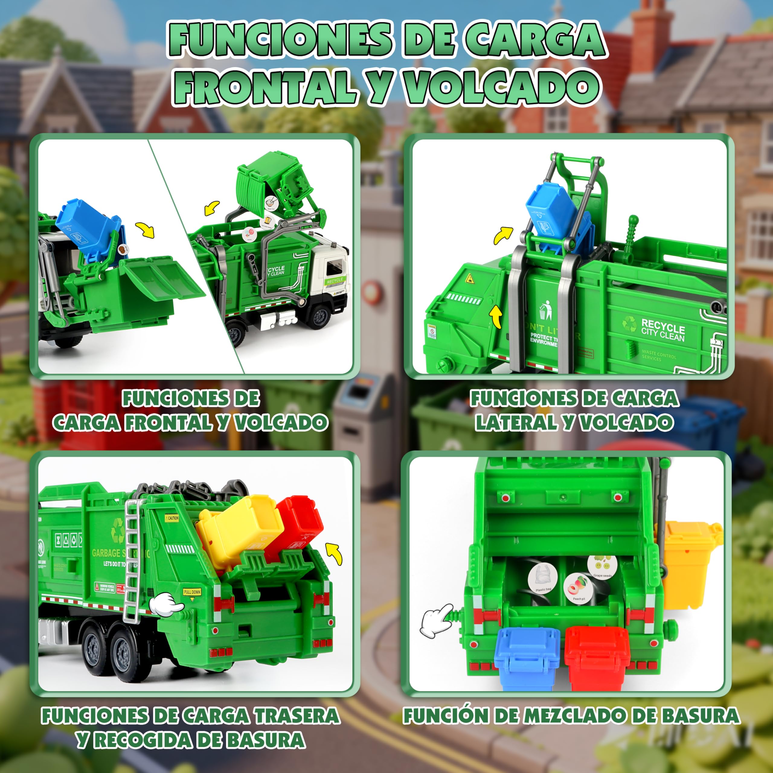 Charmofun Camión de Basura Juguete, Camión Basura con 6 Botes de Basura, 180 Tarjetas, Luces y Sonidos, Camiones de Basura de Fricción Regalo para 3+ Años Niño Niña