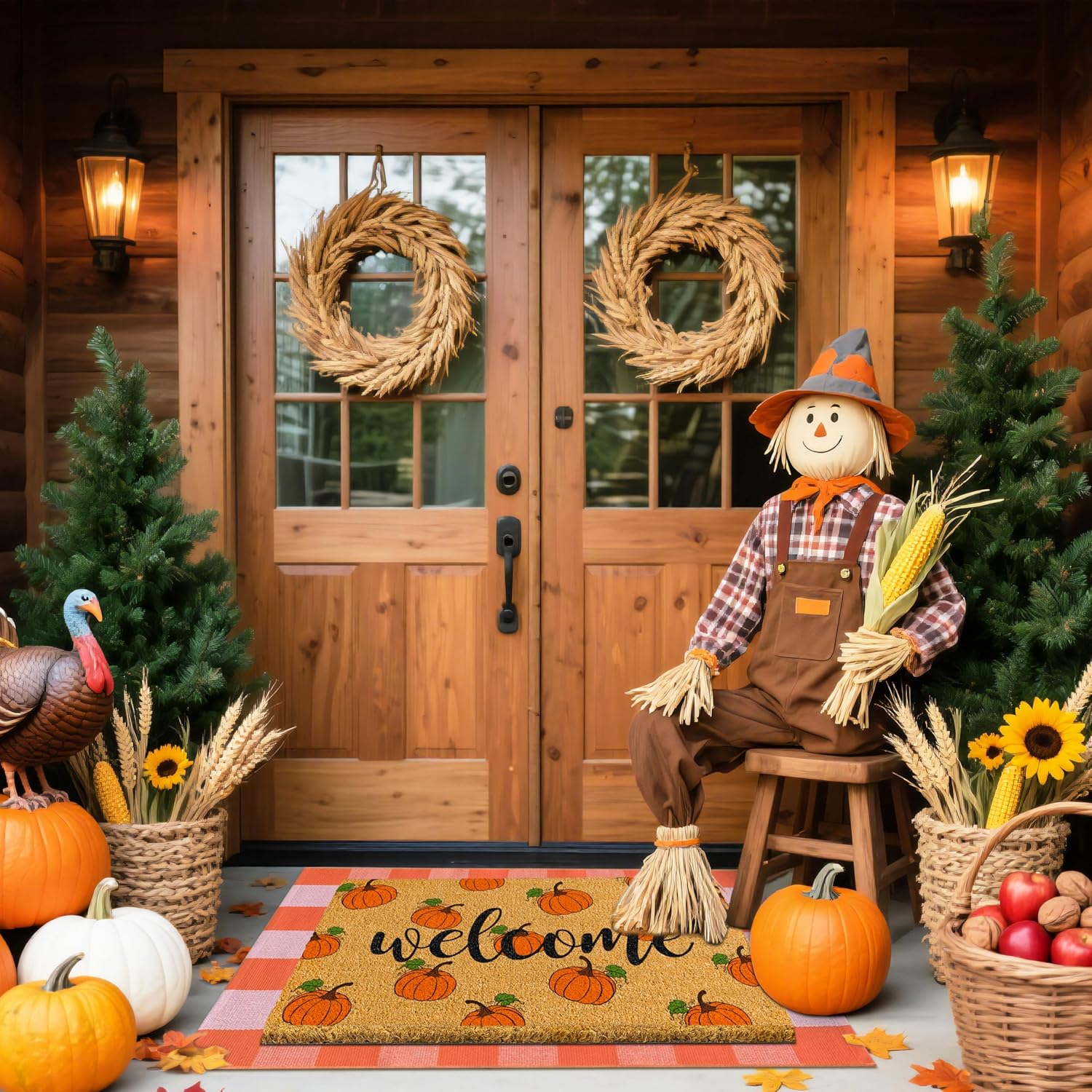 2 Pcs Fall Door Mat Combo Set - 17 x 30 Inch Pumpkin Welcome Coir Non Slip Doormat & 28 x 43 Inch Buffalo Plaid Floor Rug for Thanksgiving Indoor Outdoor Front Porch Entryway Decor (Pumpkin)