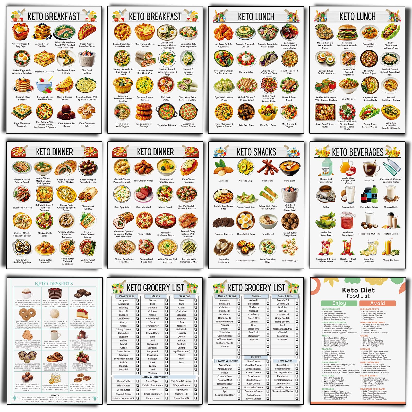 Sinload 12 Pcs Keto Meal Plan Chart Poster Ketogenic Diet Food List Keto Grocery List Nutrition Guide Poster for Wall