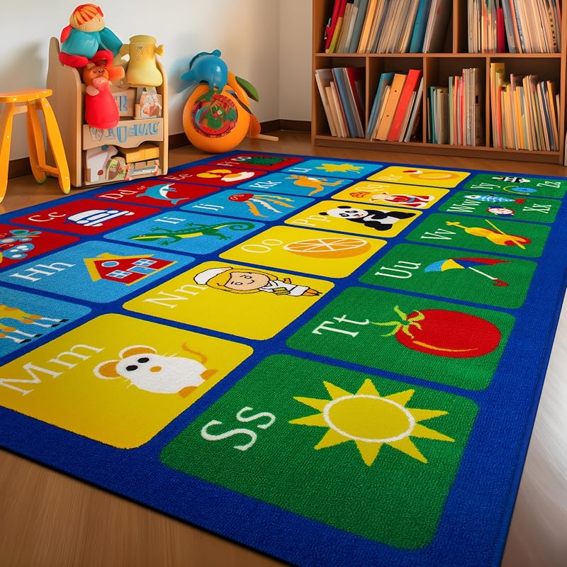 Alphabet Non-Slip Kids Educational Learning Area Rug Multi 3' x 5' | High Traffic, Rectangular, Size 3' x 5', Living Room, Bedroom, Dining Room, Home Office, Kitchen, Entryway, Hallway, Nursery