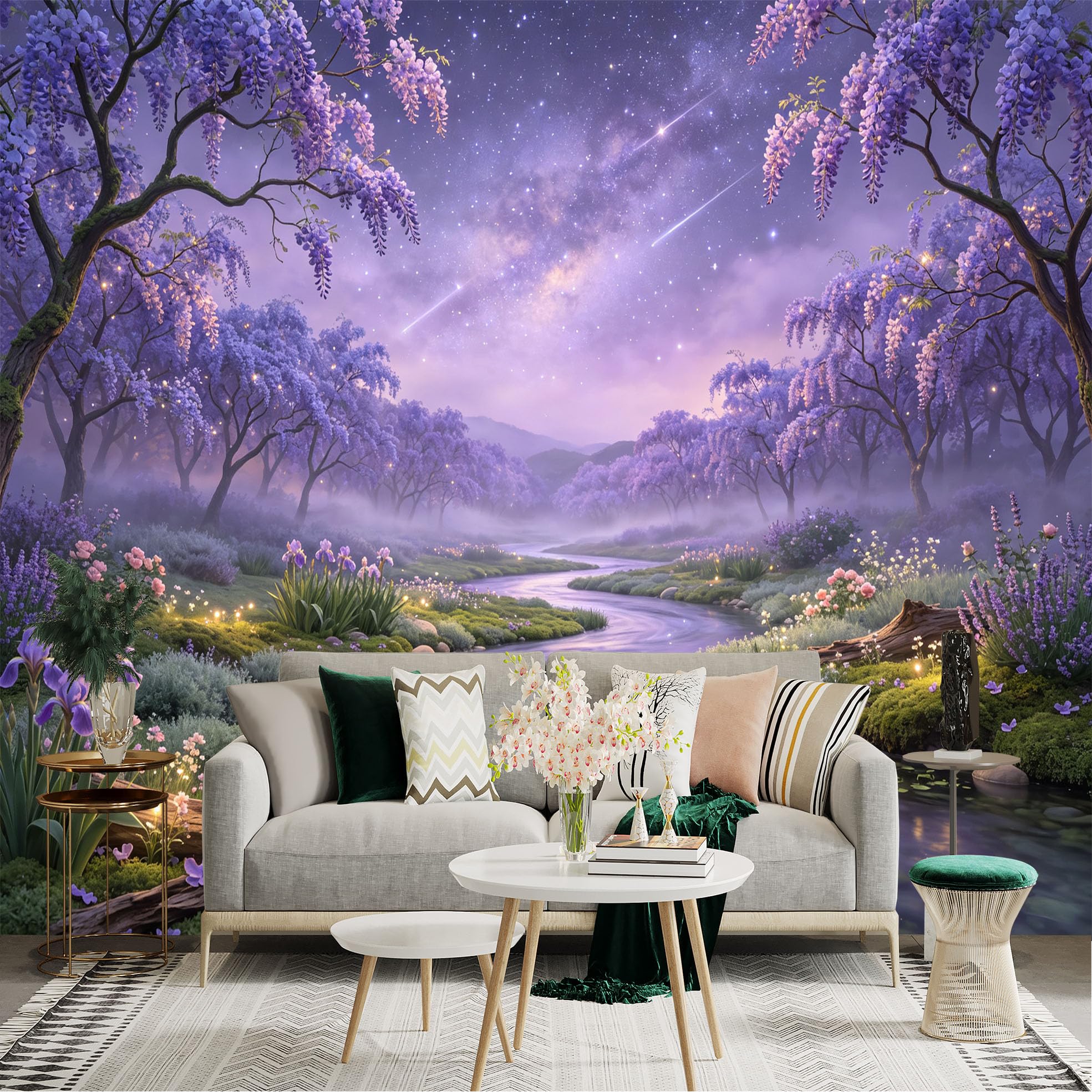Lnzczhyre Bh260719240 Custom Size Wall Sticker Mural， Enchanting Purple Wisteria Forest With River， Glowing Galaxy Night Sky， Dreamy Landscape Art， For Wall Decoration， Peelandstick Wall Decals.
