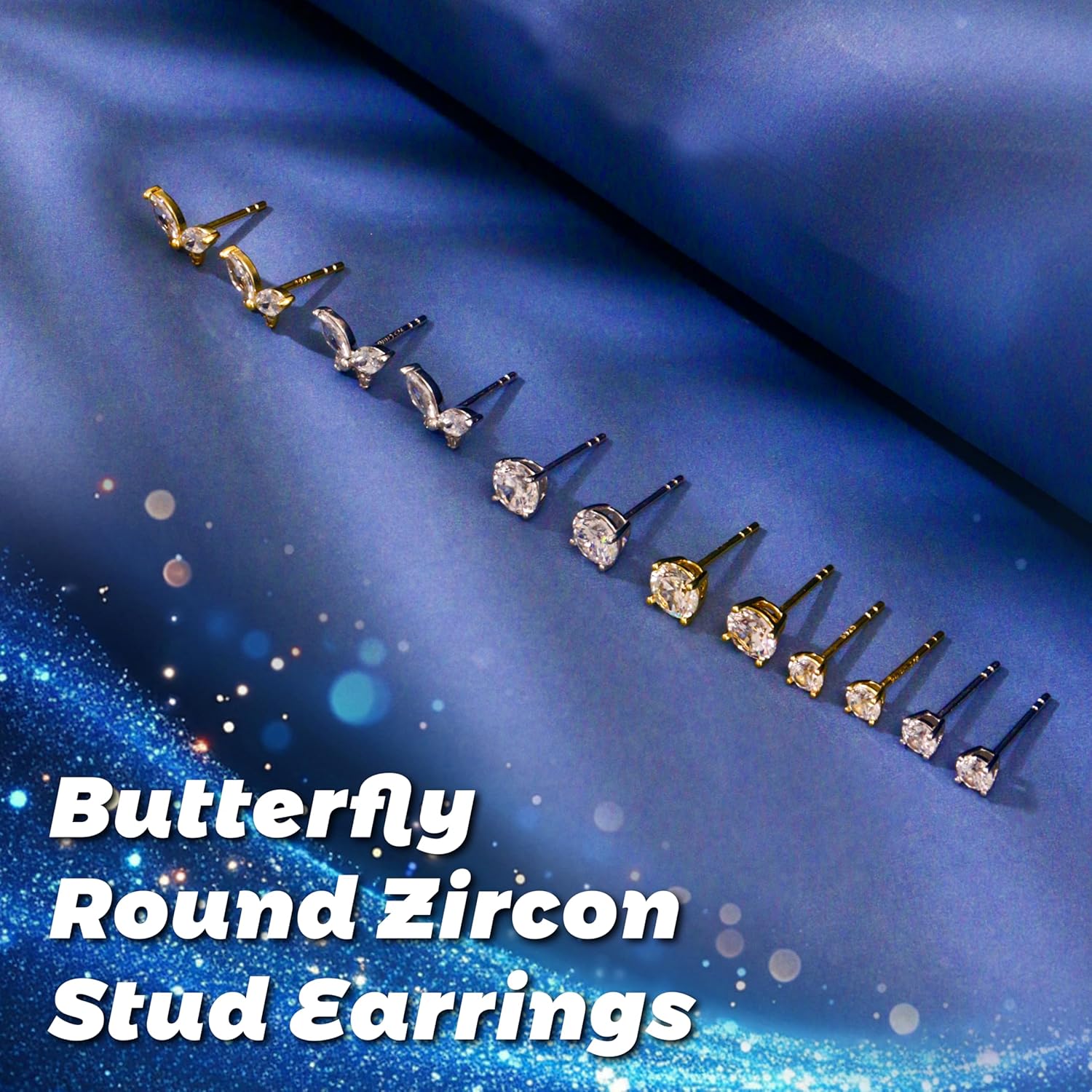 3 Pairs 14K Gold Plated Cubic Zirconia Earrings Set, Round & Butterfly Stud Earrings (Size 6mm 4mm 3mm), S925 Silver Posts, Hypoallergenic Earrings for Women & Men - Image 6