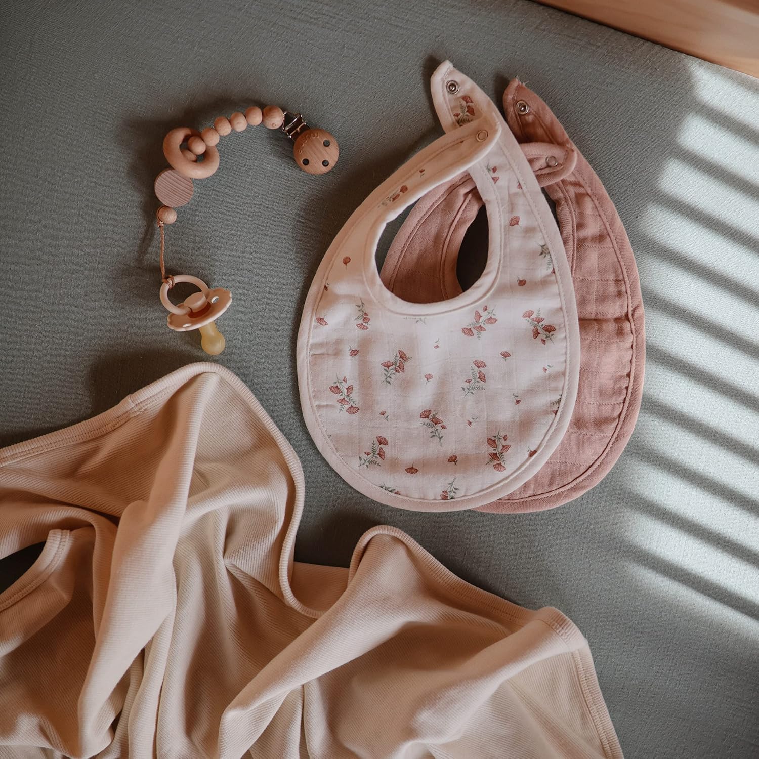 mushie Muslin Baby Bib | Soft Cotton for Drips, Drools & Feedings | Adjustable Fit | 2 Pack
