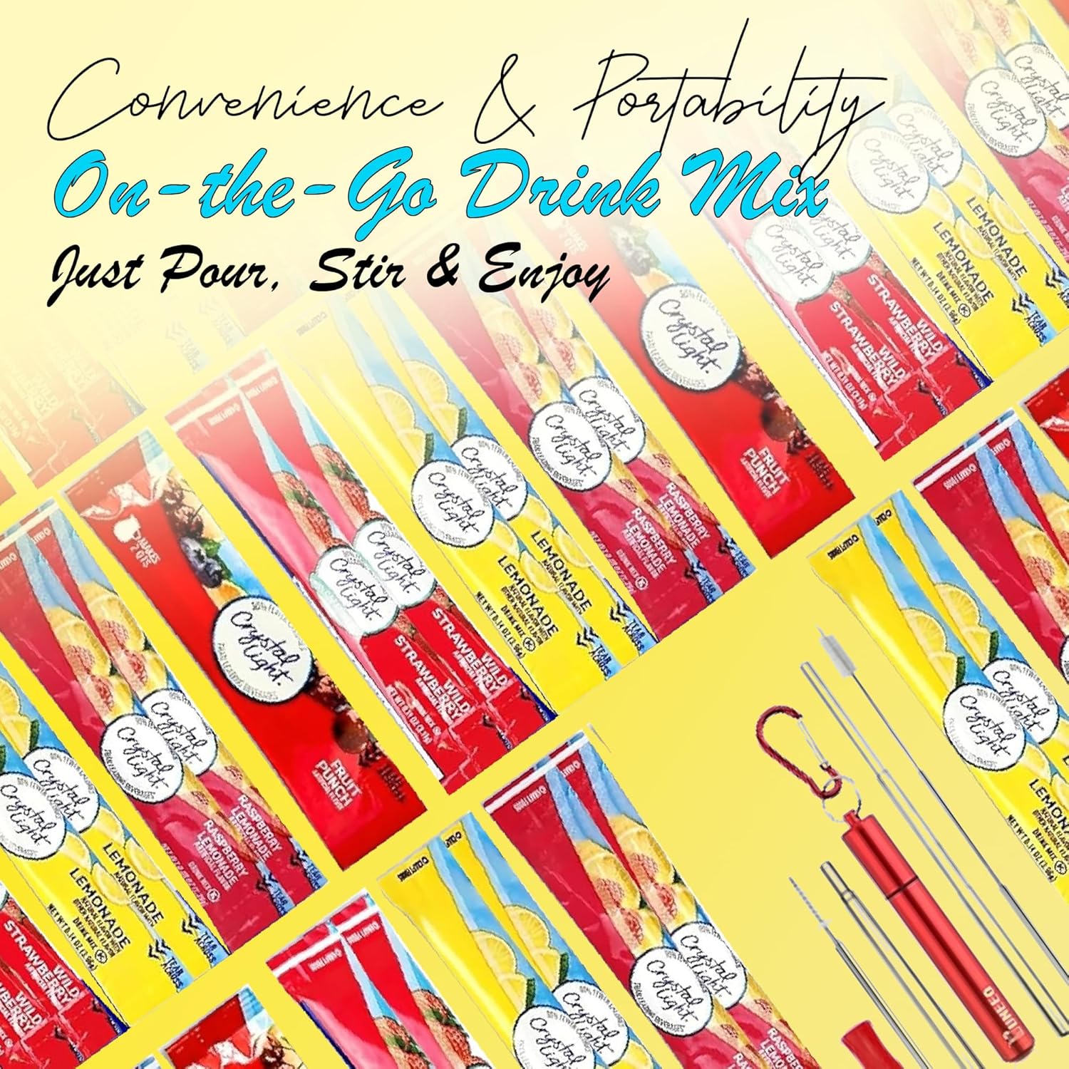 GranRyzn Crystal Light Drink Mix Variety Pack – 60 Sugar-Free Packets, 4 Refreshing Flavors – Zero Sugar, Low-Calorie Hydration with Bonus Reusable Blue Straw & Brush