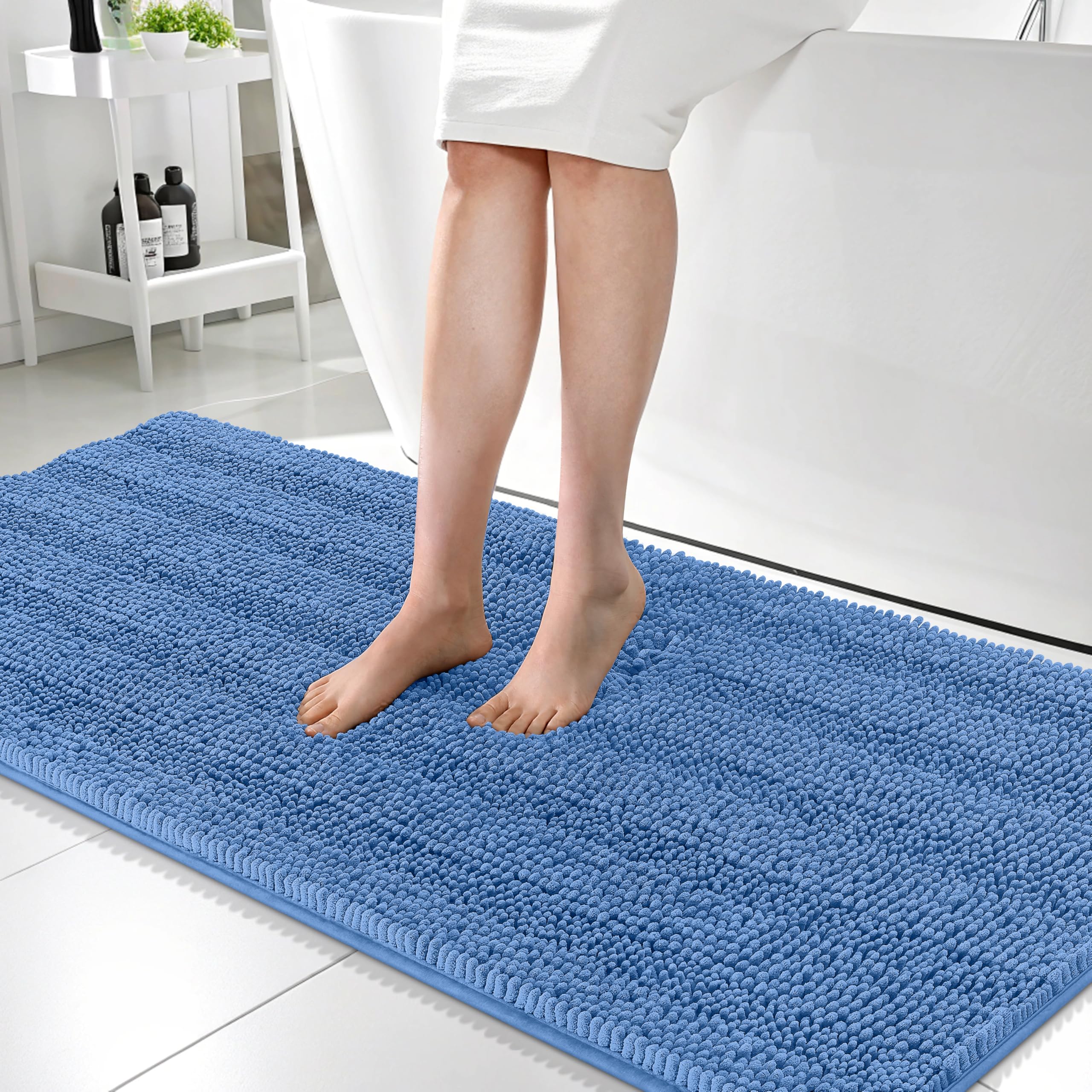 OLANLY Bathroom Runner Rugs 59x24, Soft Chenille Bath Rugs, Cornflower Blue