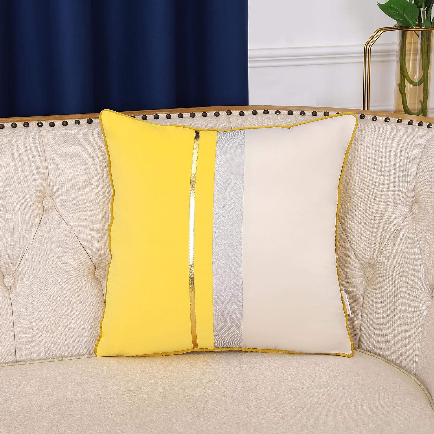 EECCA Gold Leather Striped Patchwork Velvet Cushion Case Luxury Modern Square Throw Pillow Cover Decorative Pillow for Bedroom Living Room Cushion Cases Bed Sofa,Yellow,24x24 Inches