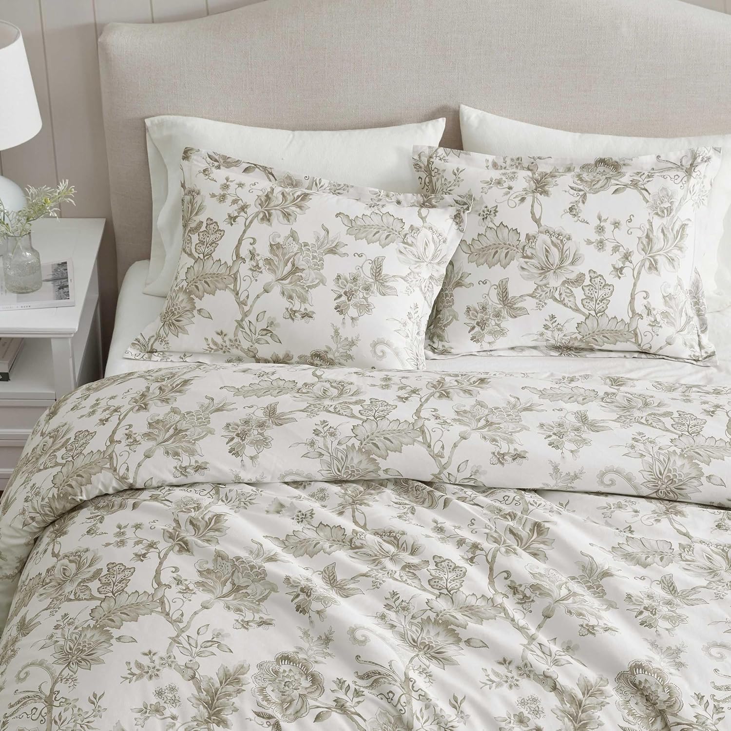 Martha Stewart - King Comforter Set, Smooth Sateen Front with Subtle Sheen & Lightweight Cotton Percale Reverse, 3 Piece Bed Set with Matching Pillowcases (Avery Floral Grey)
