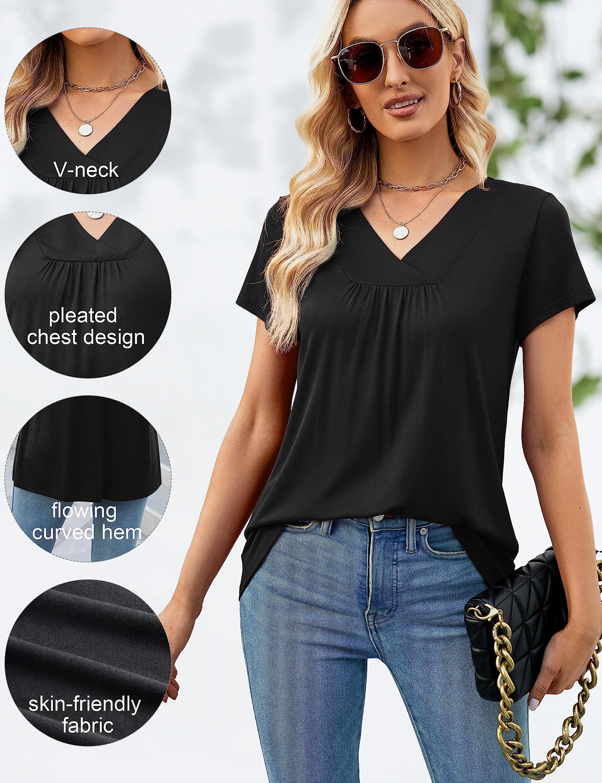 Florboom Shirt Damen Kurzarm/Langarm Tshirts V Ausschnitt Plissiert Oberteile Tunika