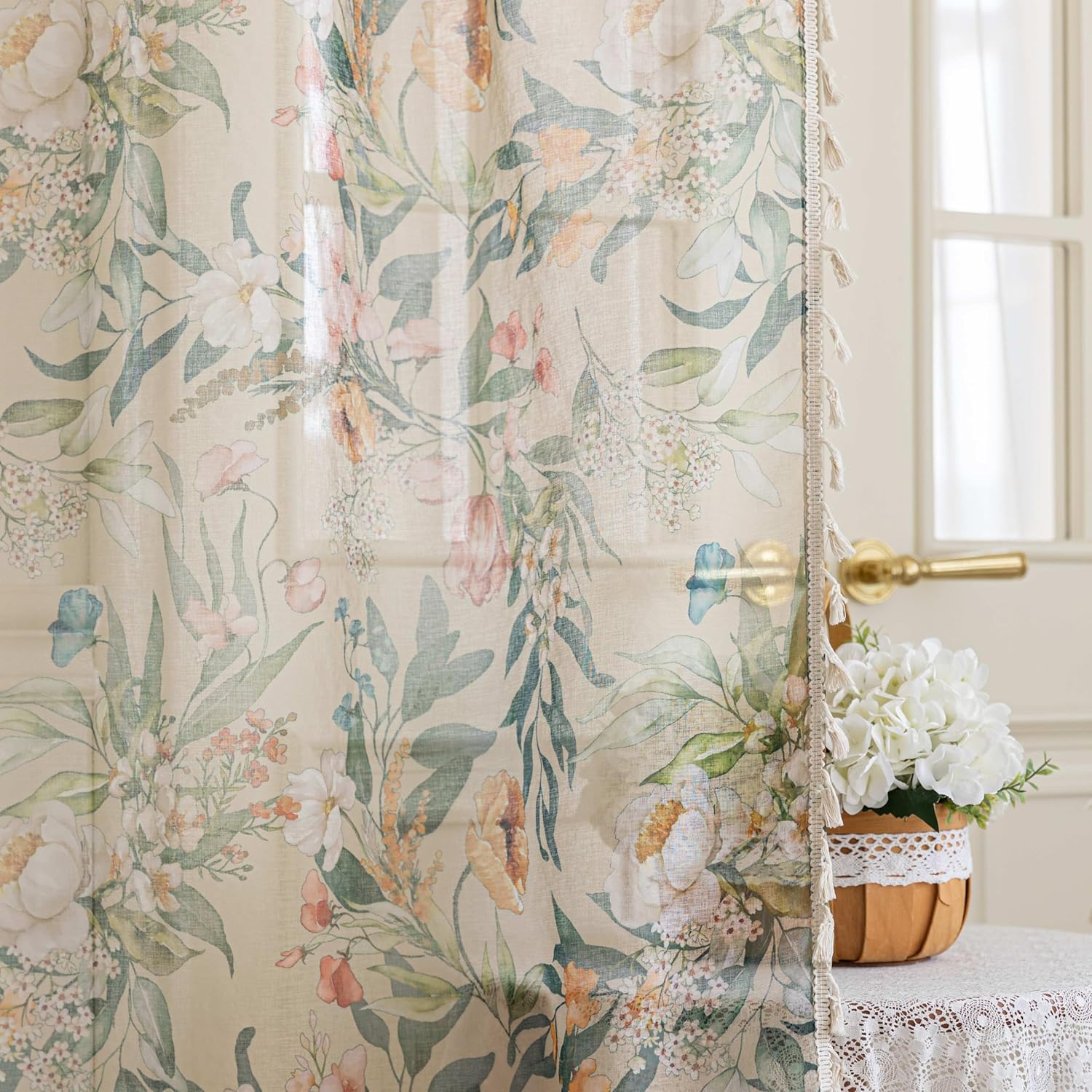 Floral Sheer Curtains 102 inch Long, Fringed Edges and Textured Semi Sheer Curtains Large Window Treatments for Living Room/Bedroom, 2 Panels
