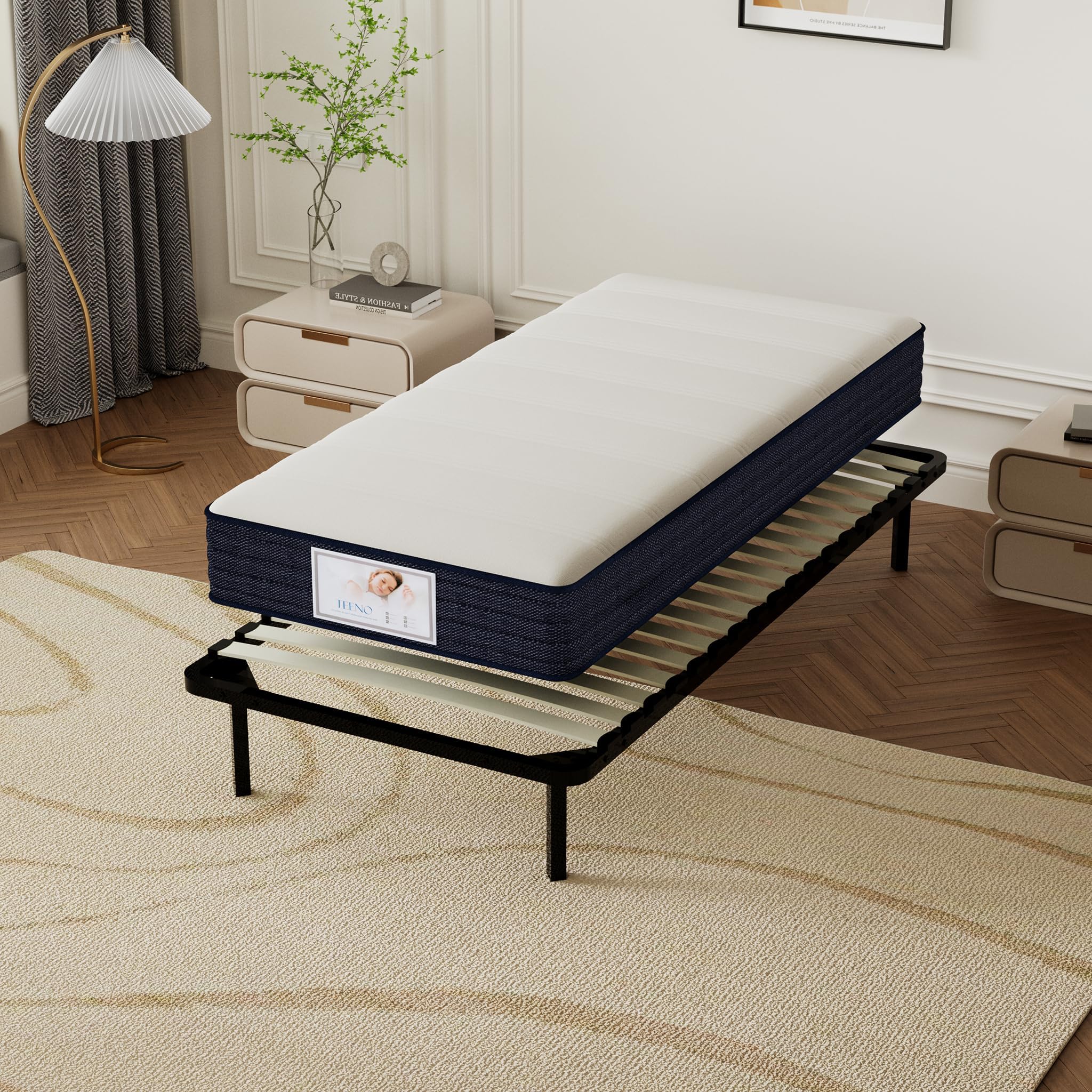 TEENO Ensemble Composè:Matelas a Memoire de Forme Matelas+Sommier à Lattes sur Pieds-4 Pieds Inclus(Ensemble 90x190, 22)