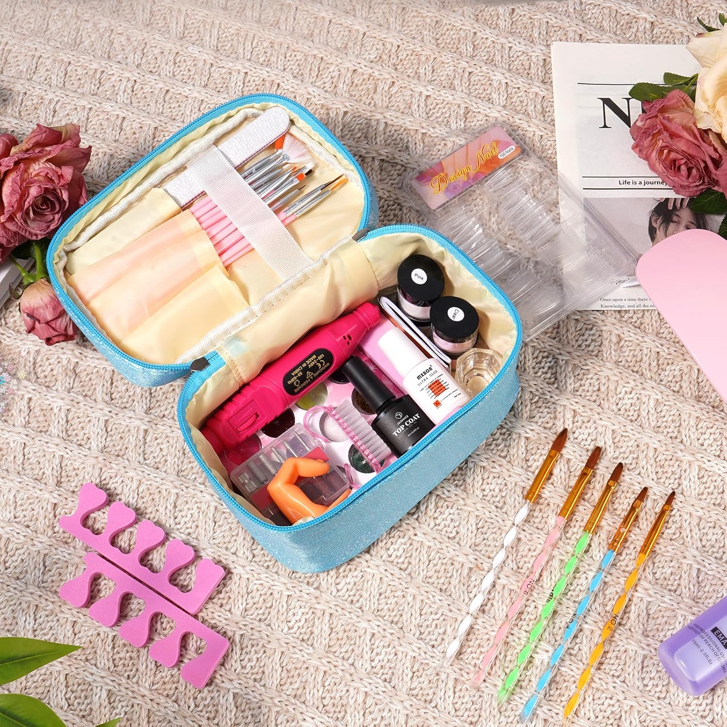 Nail Kit for Beginners with Everything: Acrylic Nail Set Professional Drill Powder Liquid Starter Kits with U V Lamp in Cosmetic Gift Bag for Women Salon Home(Blue)