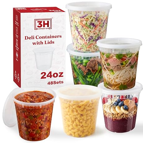 3H CORPORATION 24oz Deli Containers with Lids (48 Set/96 Pcs) Food Storage Containers, Freezer Microwave Safe, BPA-Free Plastic, Stackable Snack Airtight Soup Leakproof Leftover Organizers & To-Go